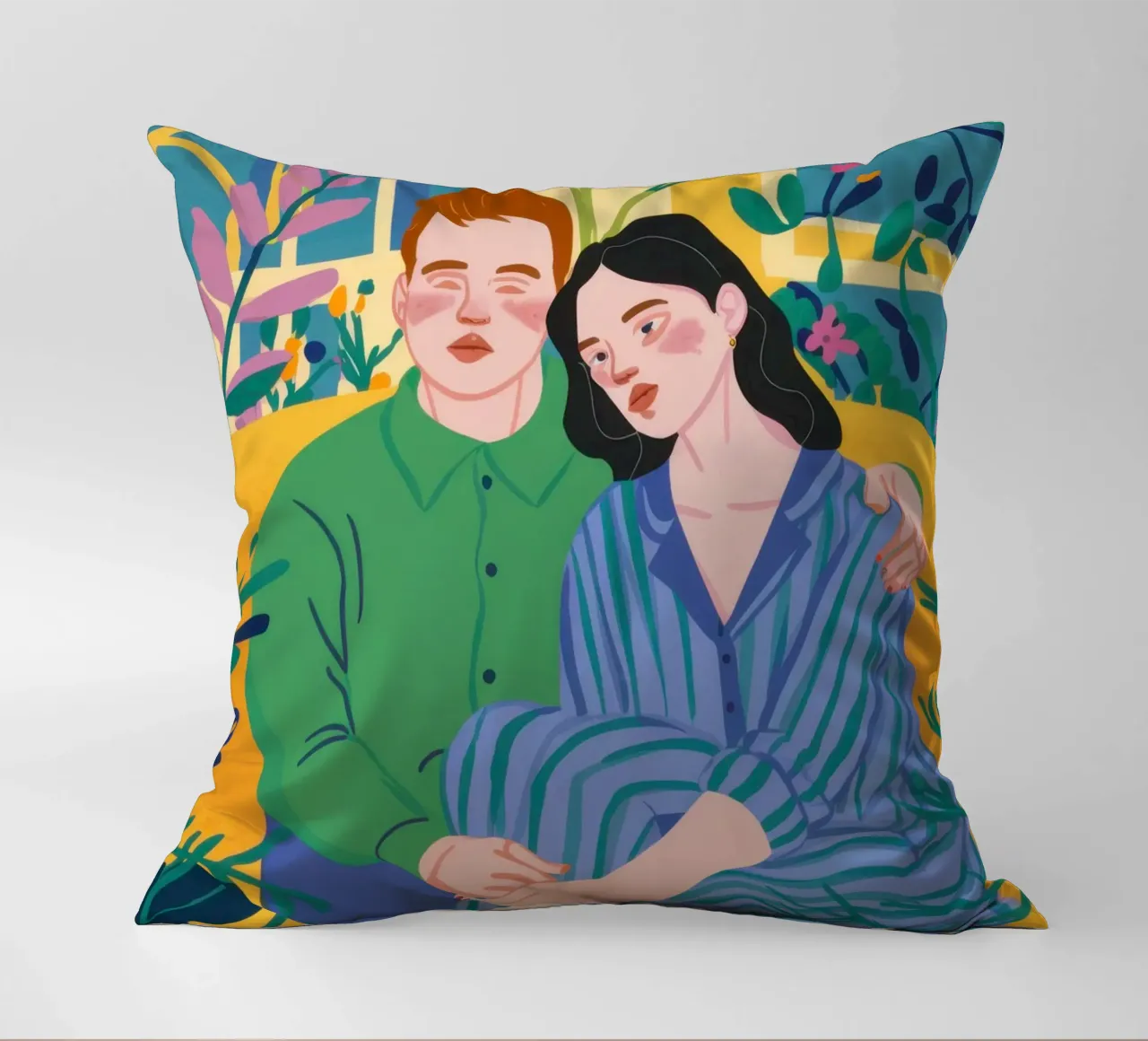 Couple in Blue Stripes decorative cushion by Marigold Tiga