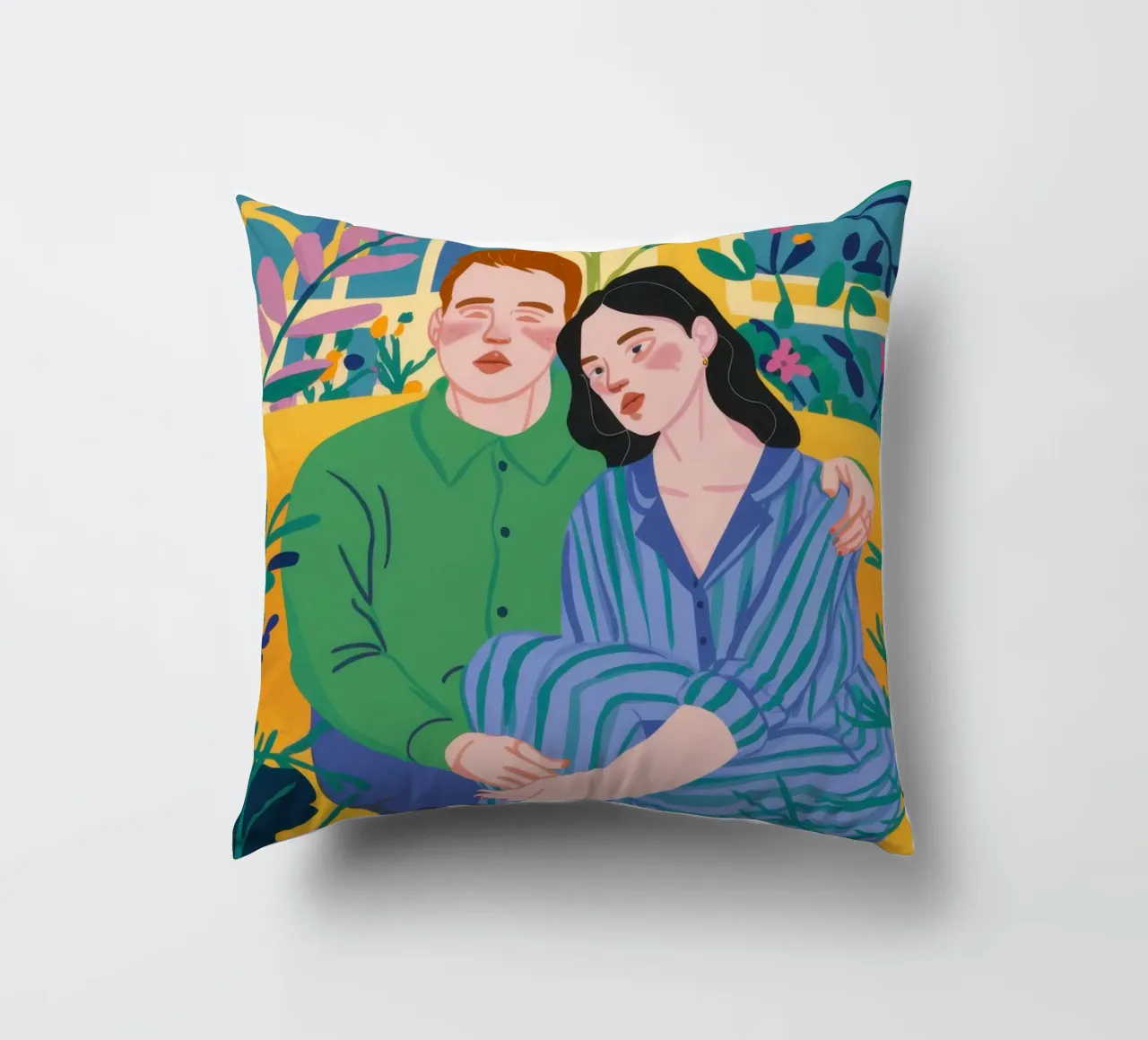 Couple in Blue Stripes decorative cushion by Marigold Tiga