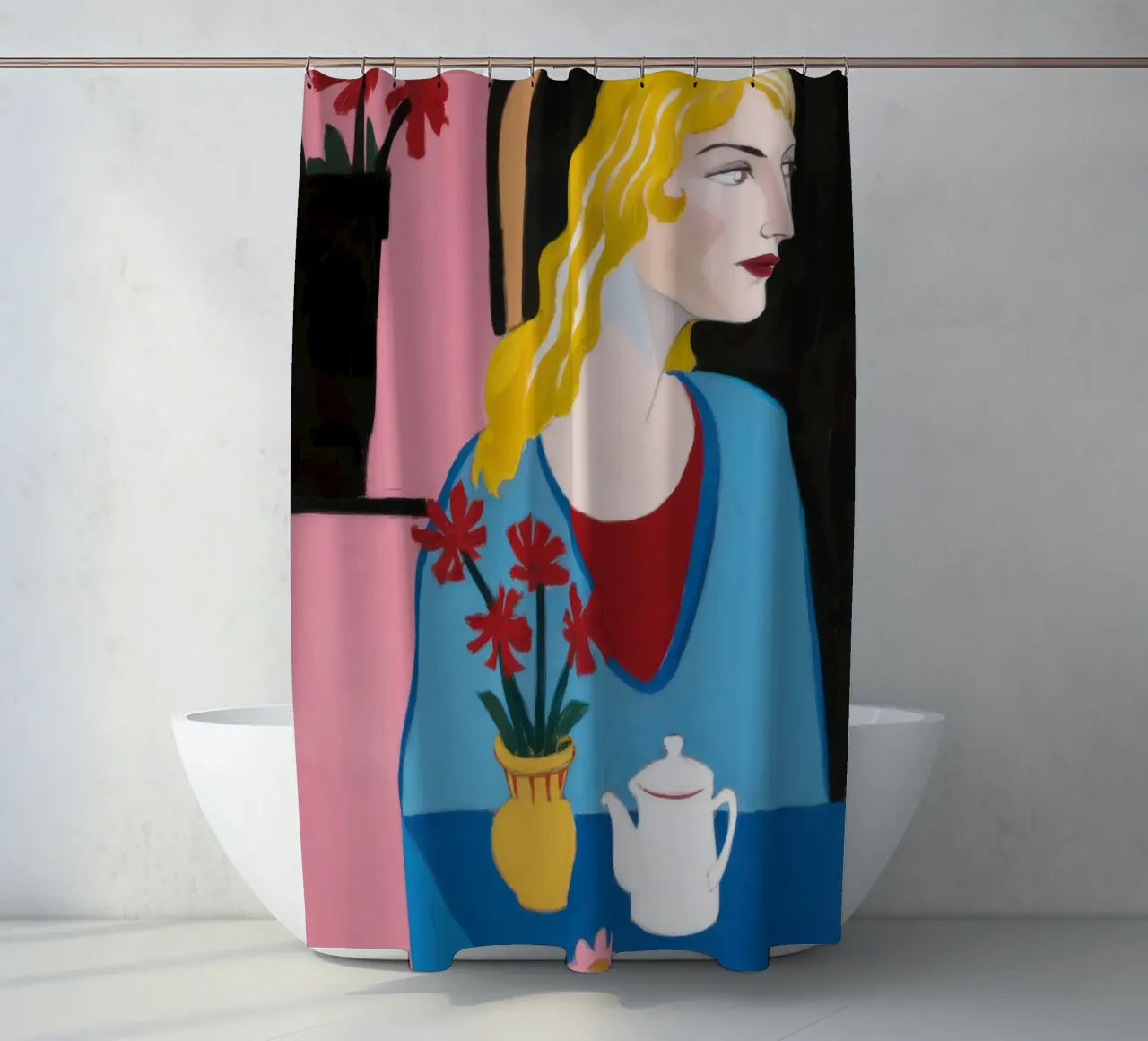 Blondine met theepot douchegordijn van Marigold Tiga