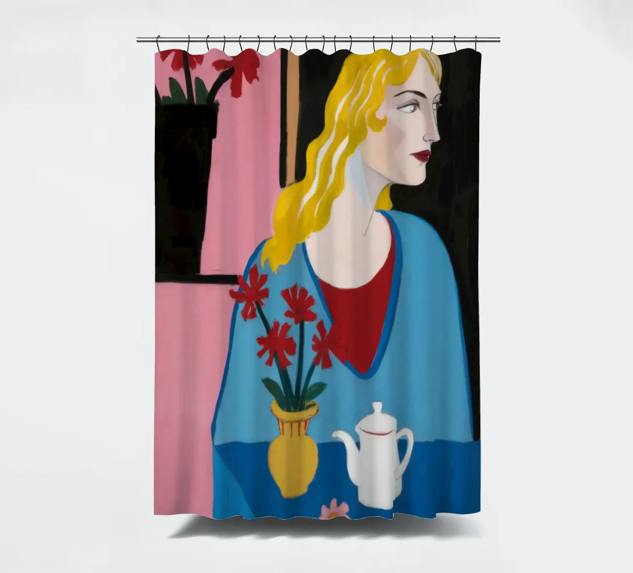 Blondine met theepot douchegordijn van Marigold Tiga