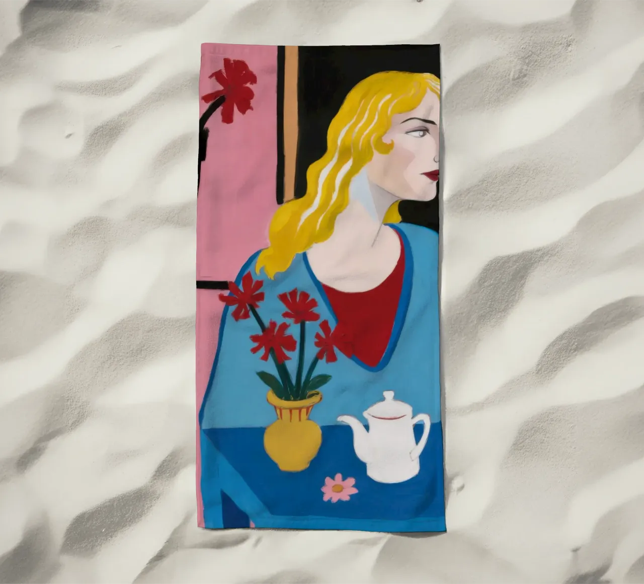 Blonde with Teapot beach towel by Marigold Tiga