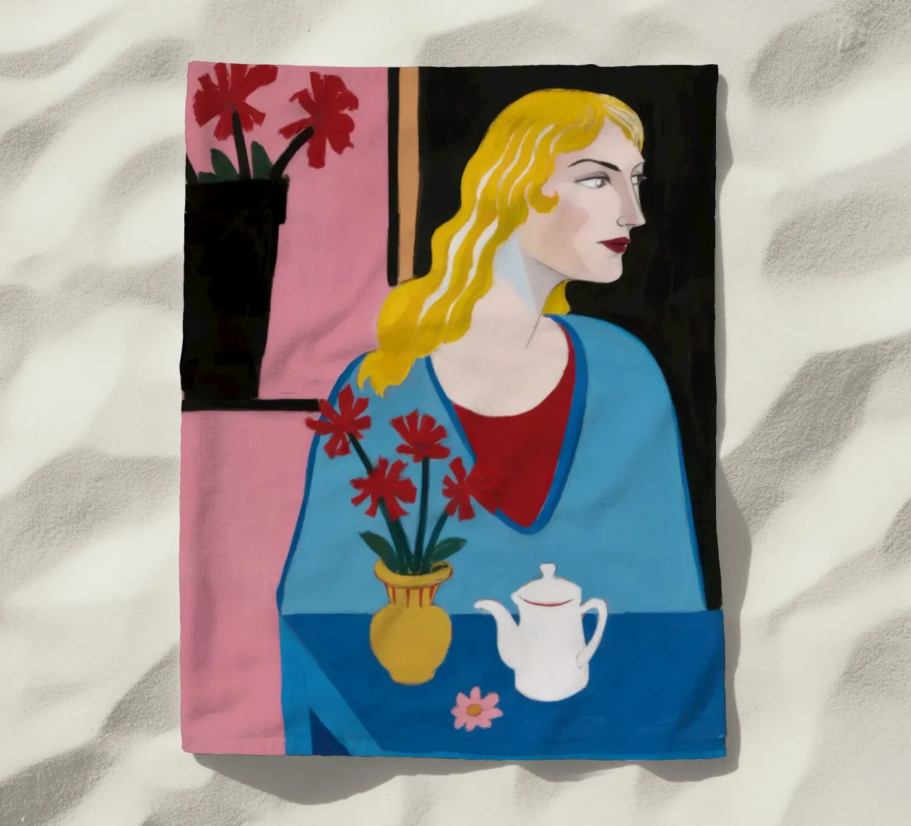 Blonde with Teapot beach towel by Marigold Tiga
