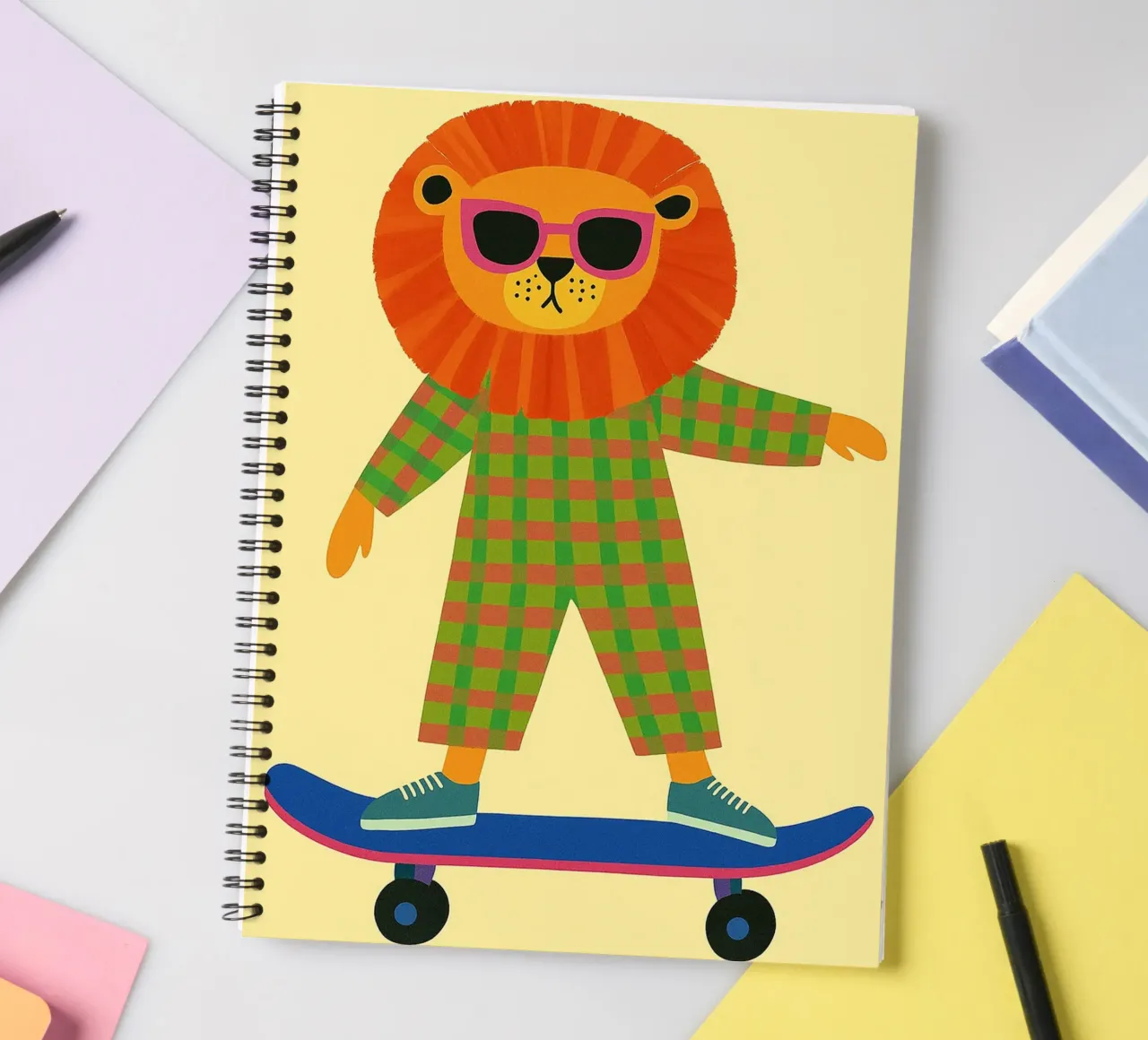 funny lion with skateboard spiral notebook by oneone