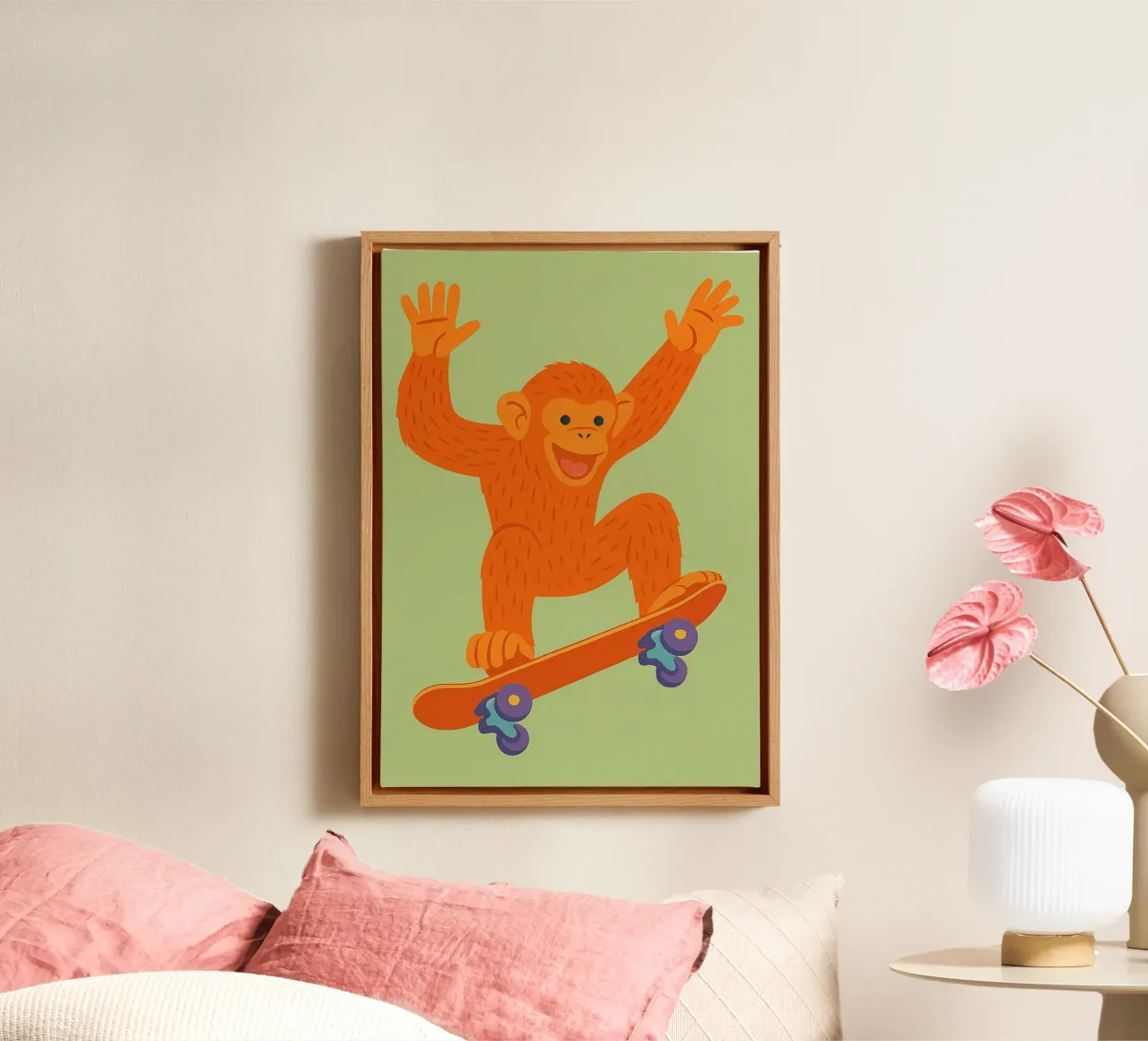 scimmia divertente con skateboard tela con Cornice a cassetta da oneone