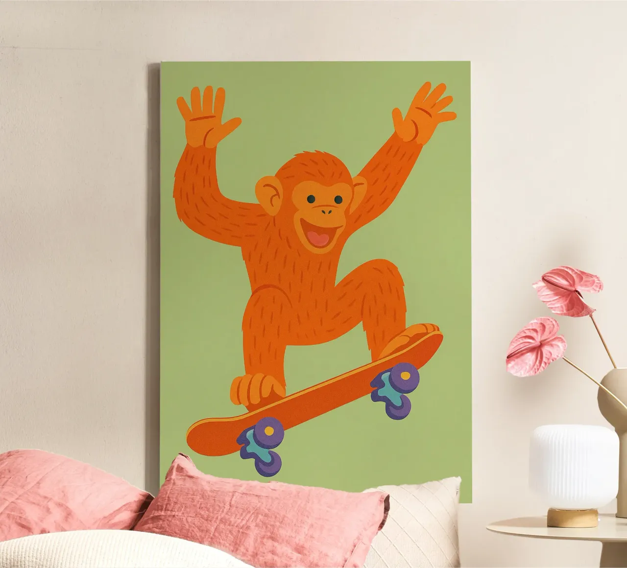 scimmia divertente con skateboard tela con Cornice a cassetta da oneone