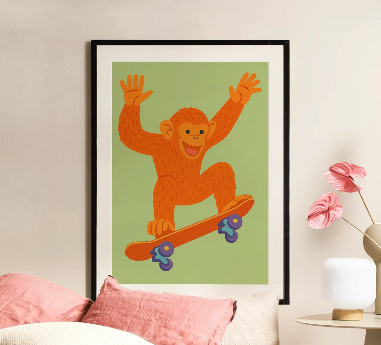 funny monkey with skateboard poster by oneone