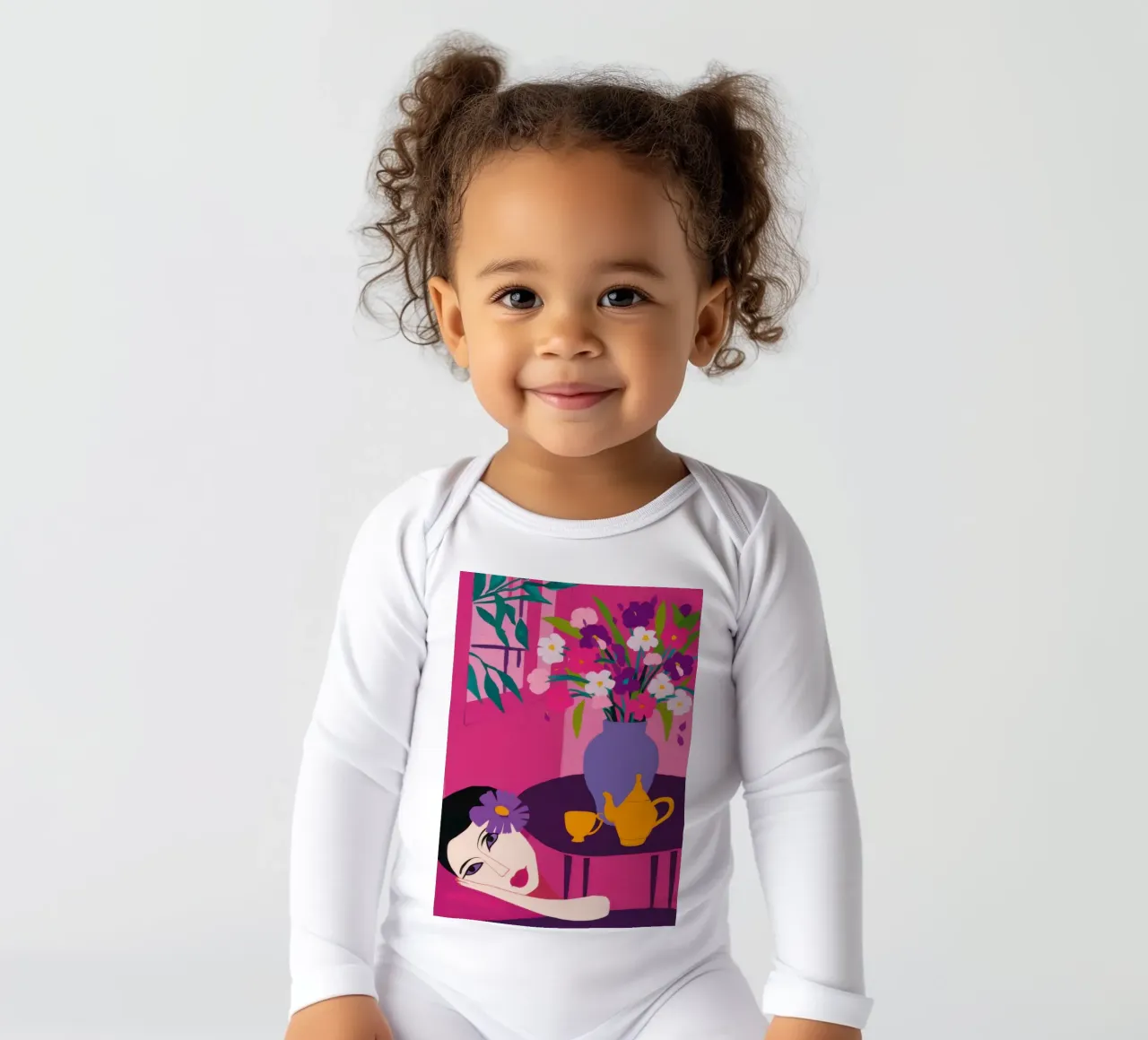 Woman on Floor Surrounded by Flowers long-sleeve baby romper by Marigold Tiga