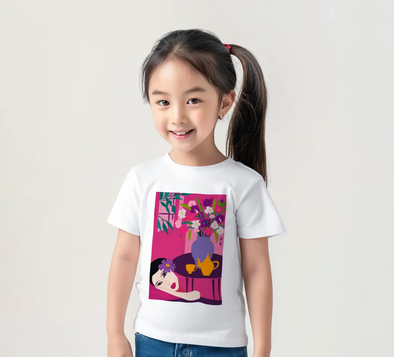 Woman on Floor Surrounded by Flowers kids t-shirt by Marigold Tiga