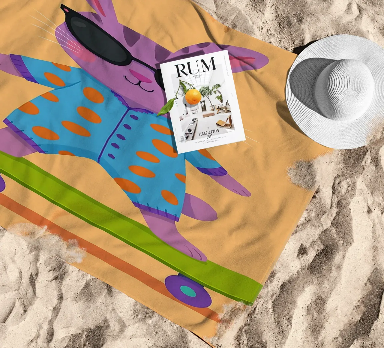 funny rabbit with skateboard beach towel by oneone