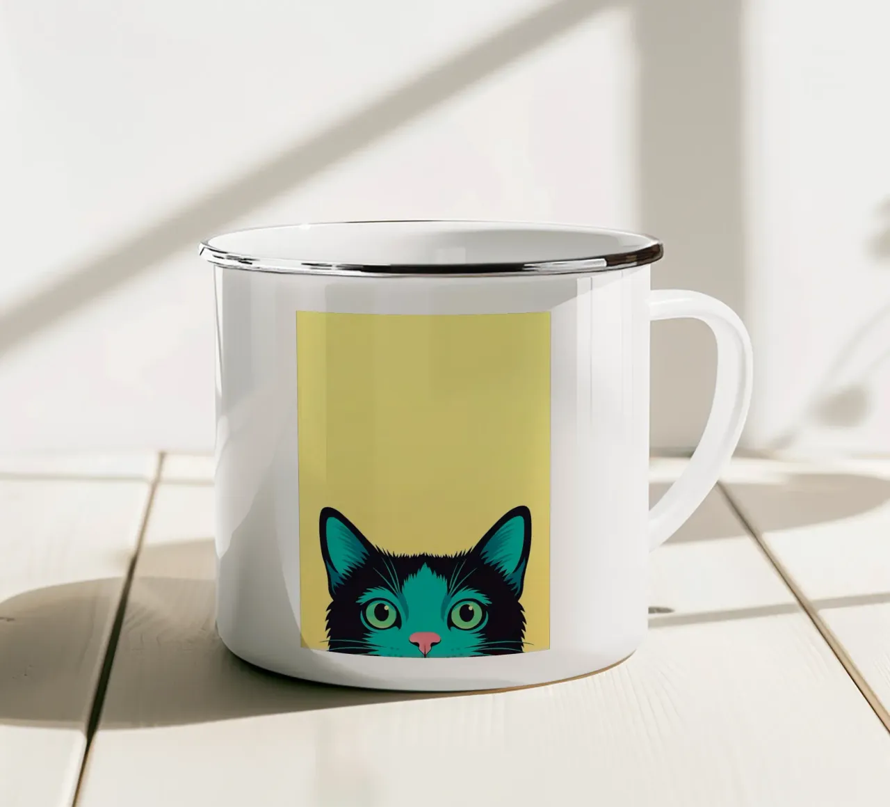 divertente gatto timido tazza in smalto da oneone
