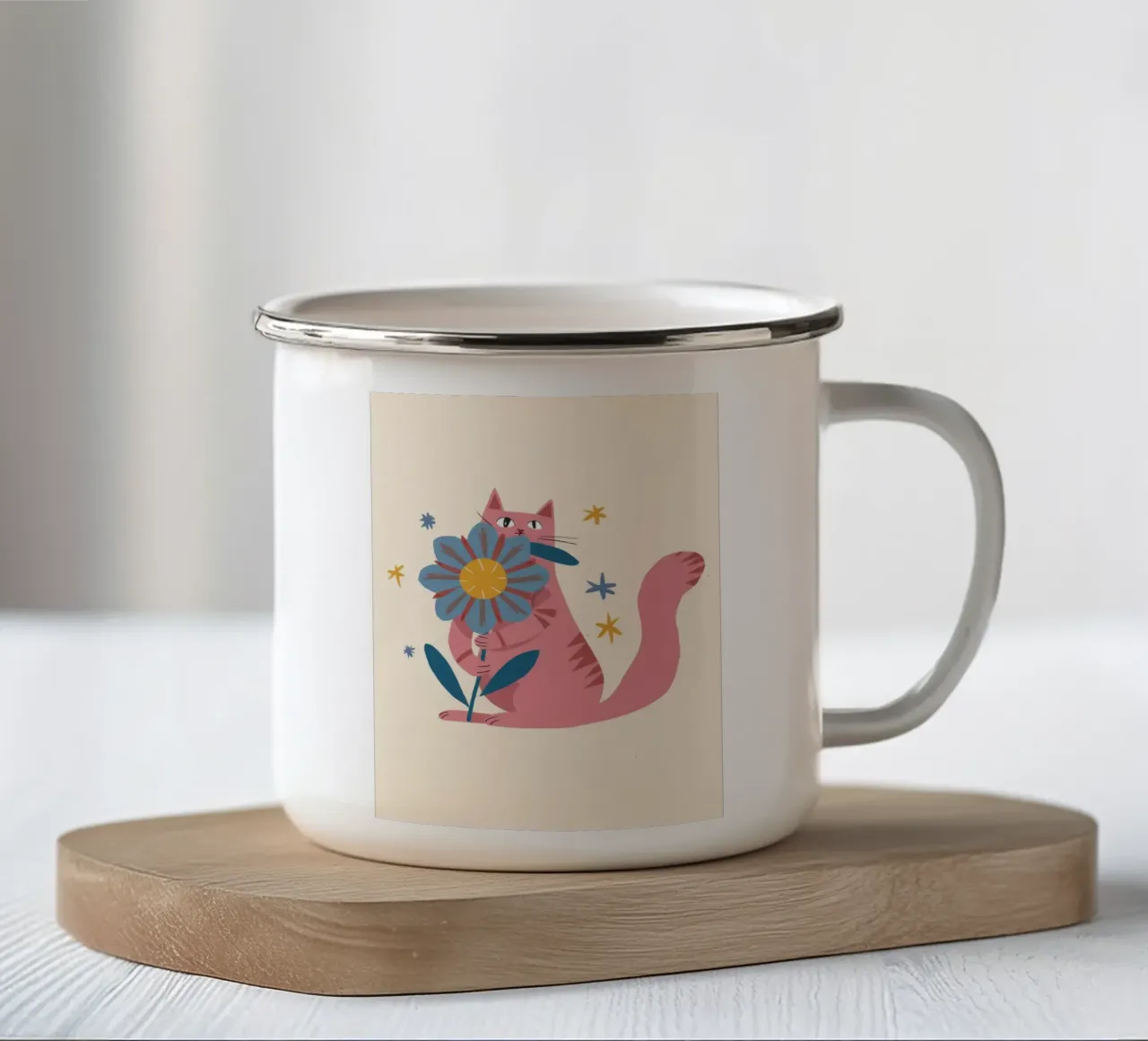 Gatto rosa Fiore blu tazza in smalto da Stone Decade