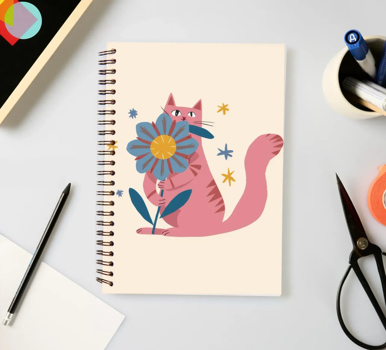 Gatto rosa Fiore blu diario ad anelli da Stone Decade