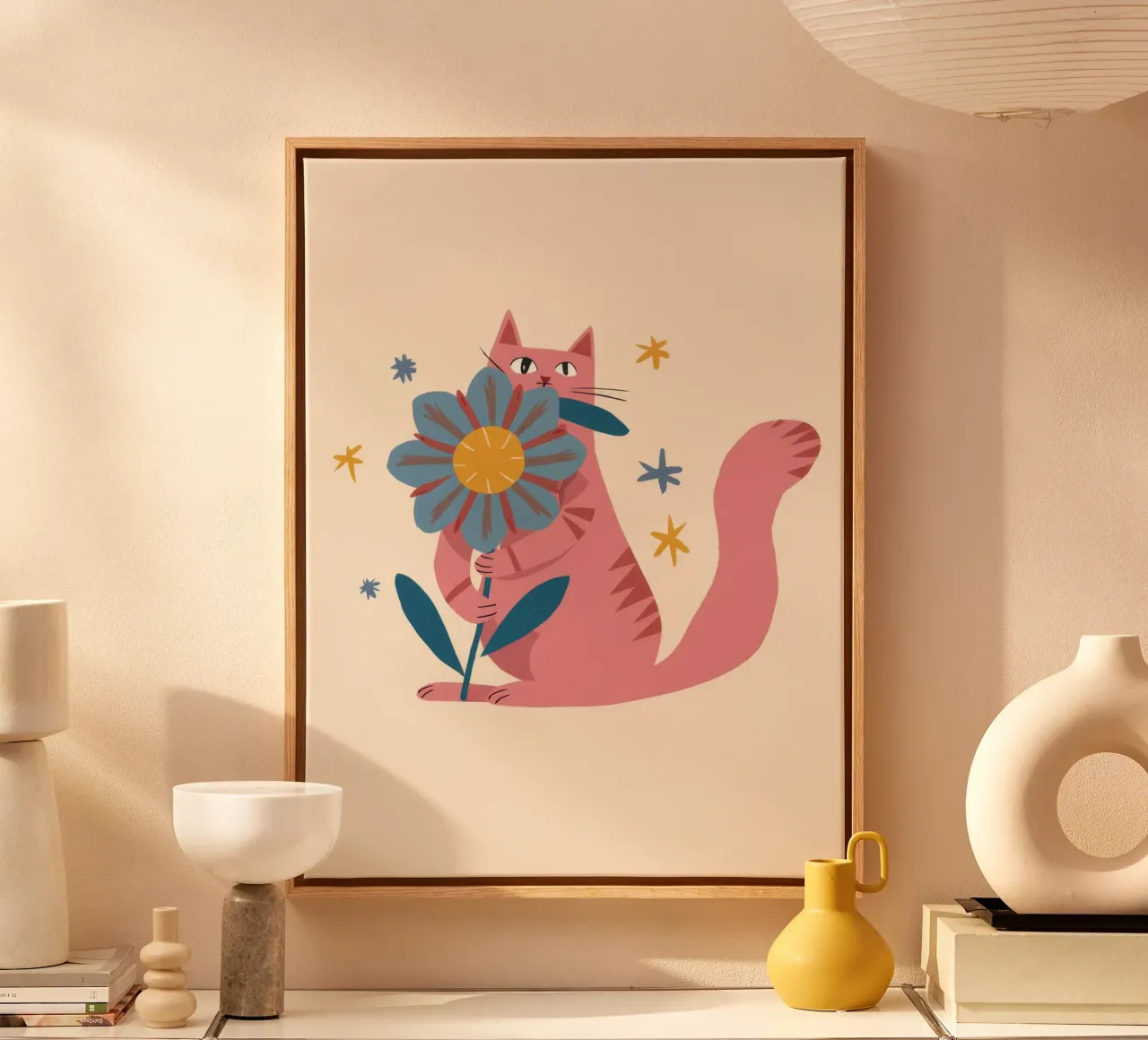 Gatto rosa Fiore blu tela con Cornice a cassetta da Stone Decade