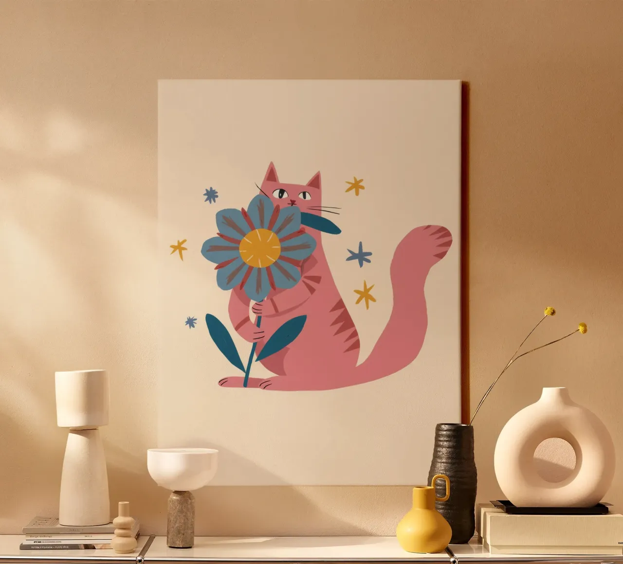 Gatto rosa Fiore blu tela con Cornice a cassetta da Stone Decade