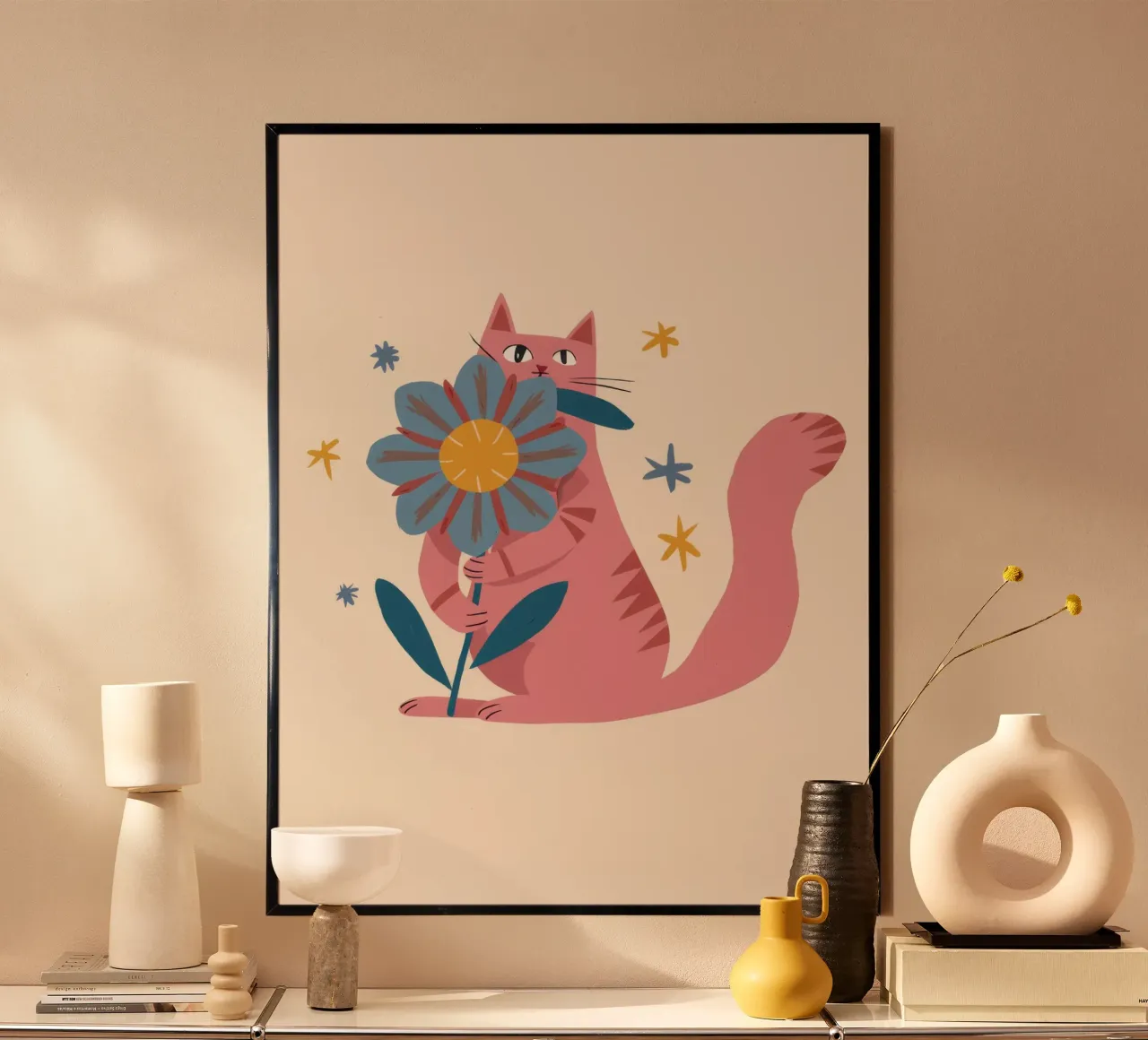 Gatto rosa Fiore blu poster da Stone Decade