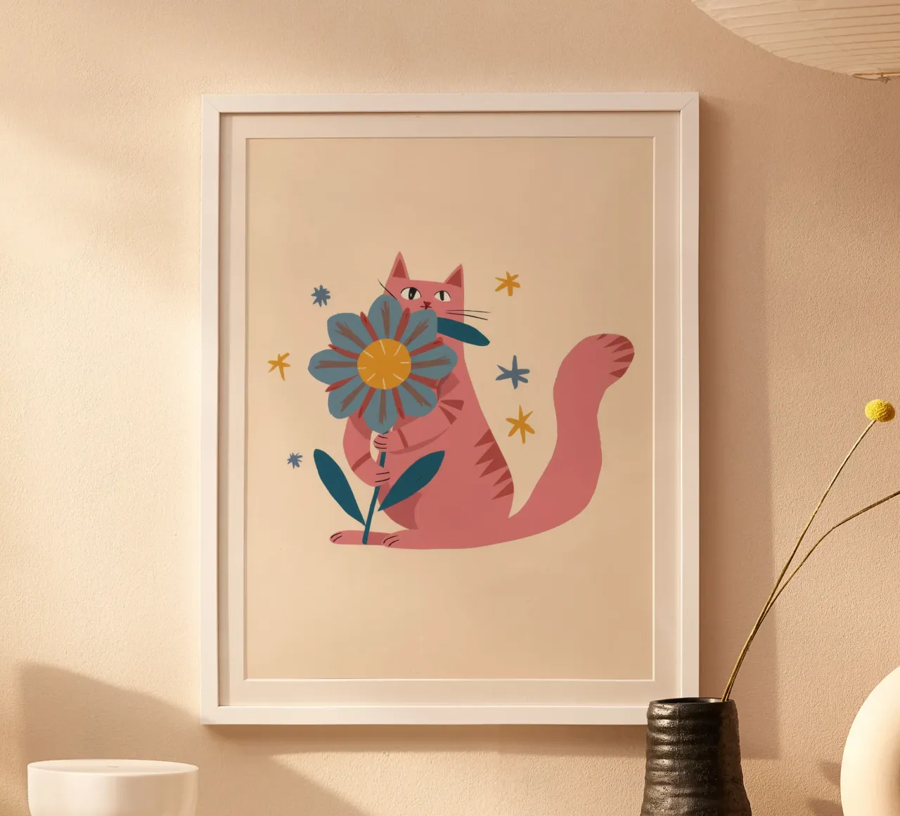 Gatto rosa Fiore blu poster da Stone Decade
