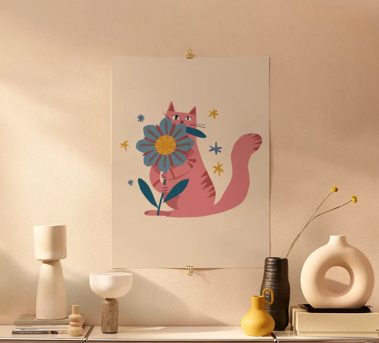 Gatto rosa Fiore blu poster da Stone Decade