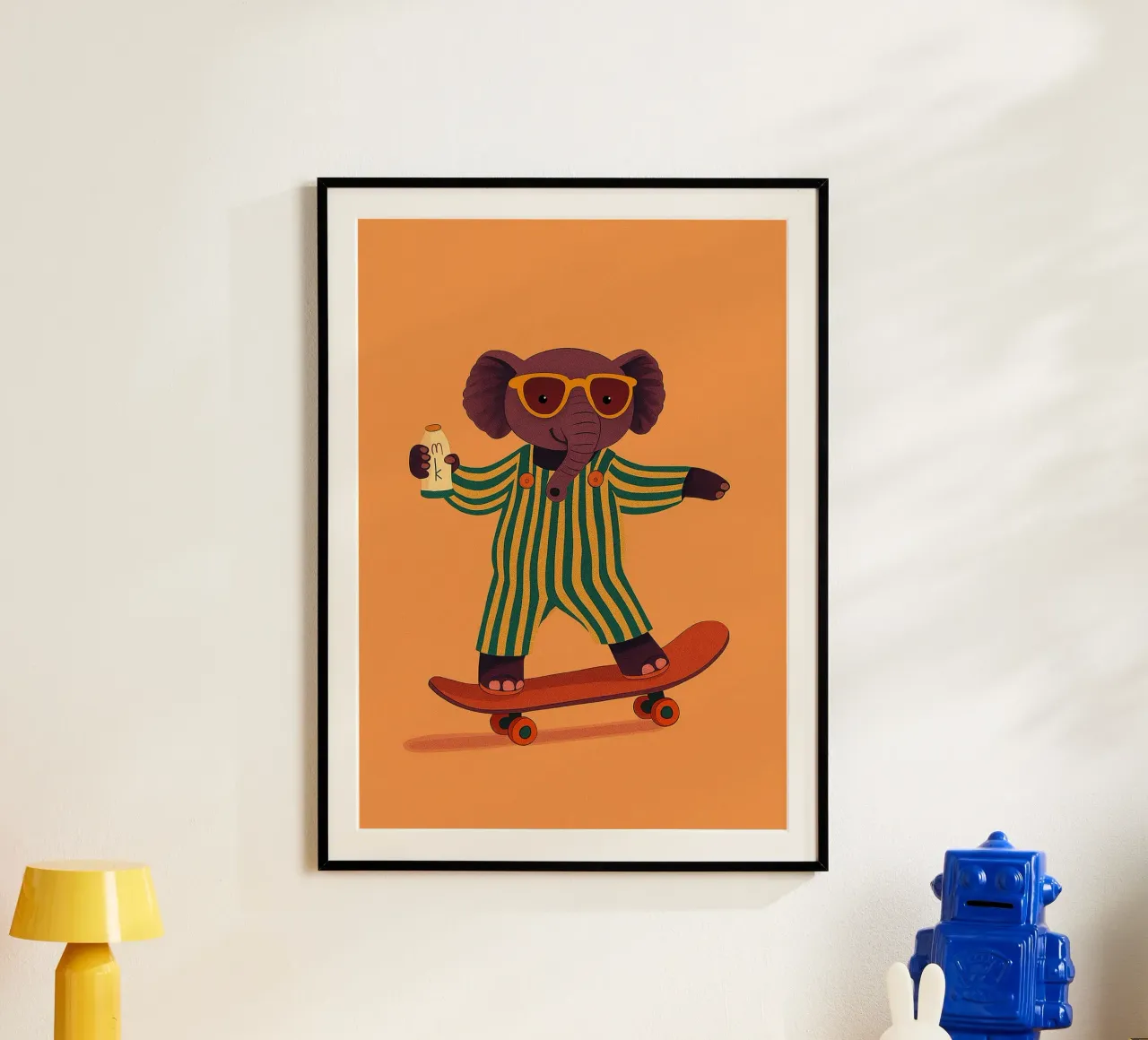 divertente elefante da skateboard poster con telaio in plastica da oneone