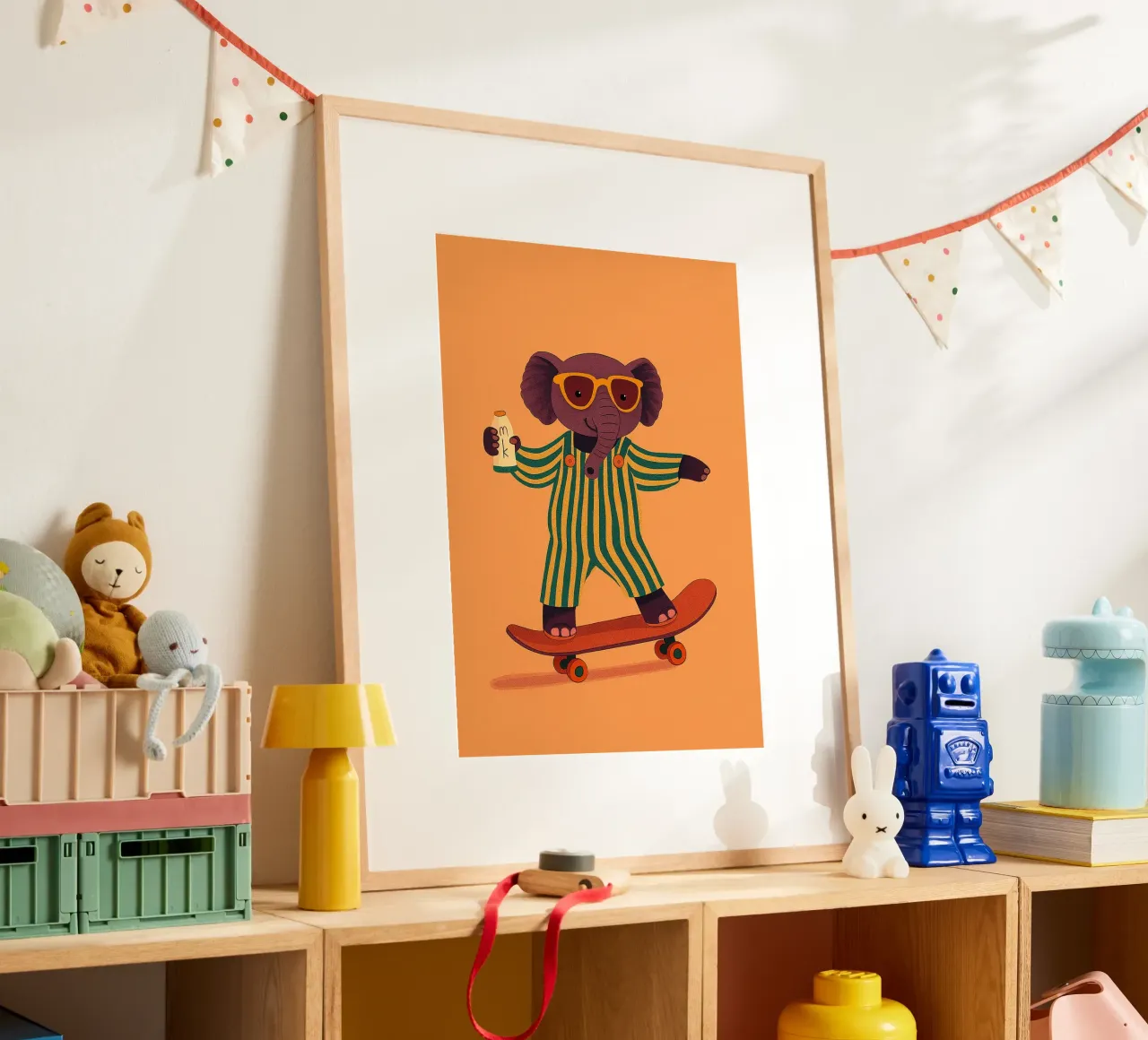 divertente elefante da skateboard poster con telaio in plastica da oneone