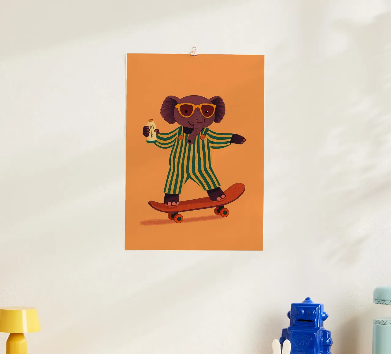 divertente elefante da skateboard poster con telaio in plastica da oneone