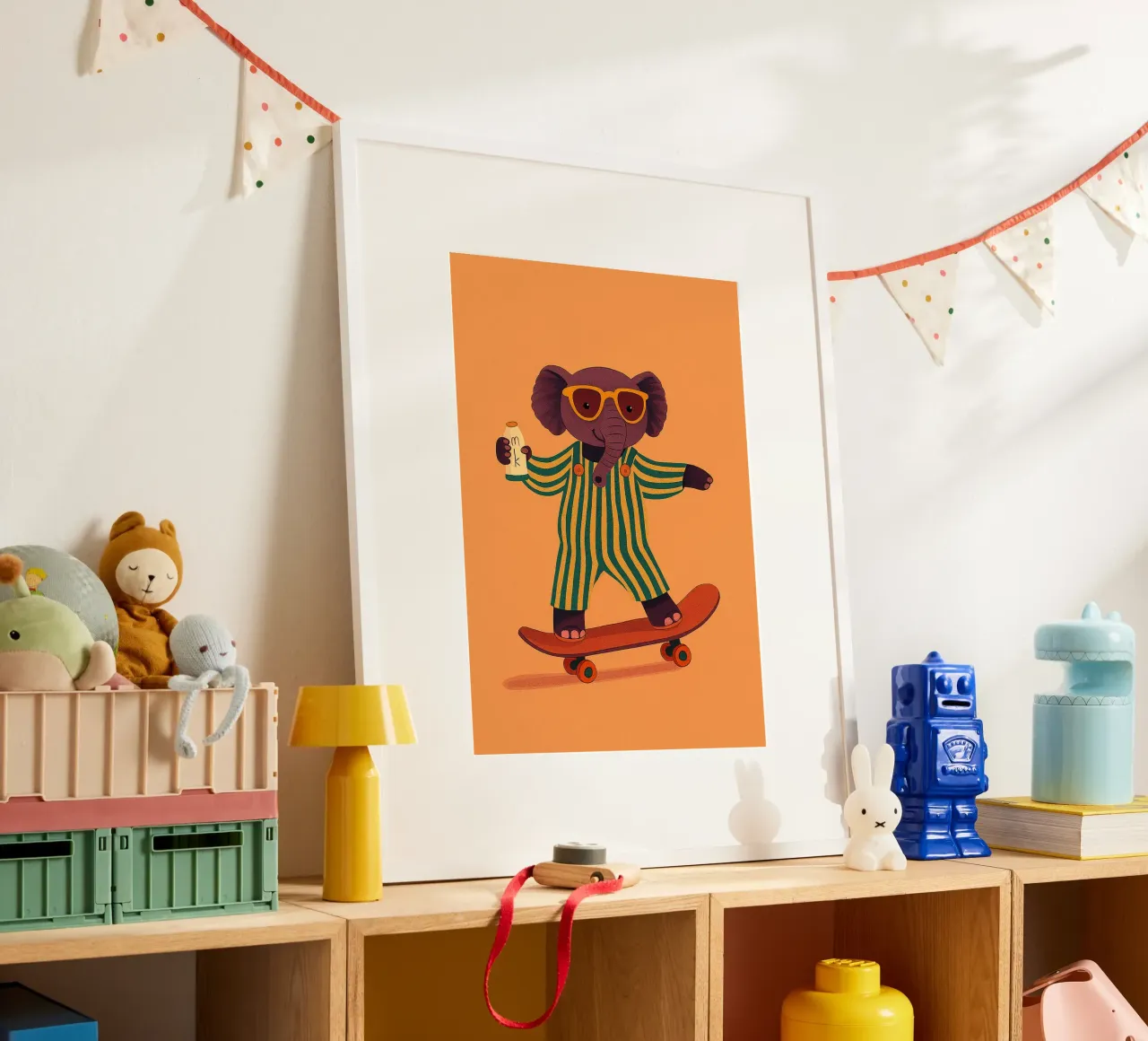 divertente elefante da skateboard poster con telaio in plastica da oneone