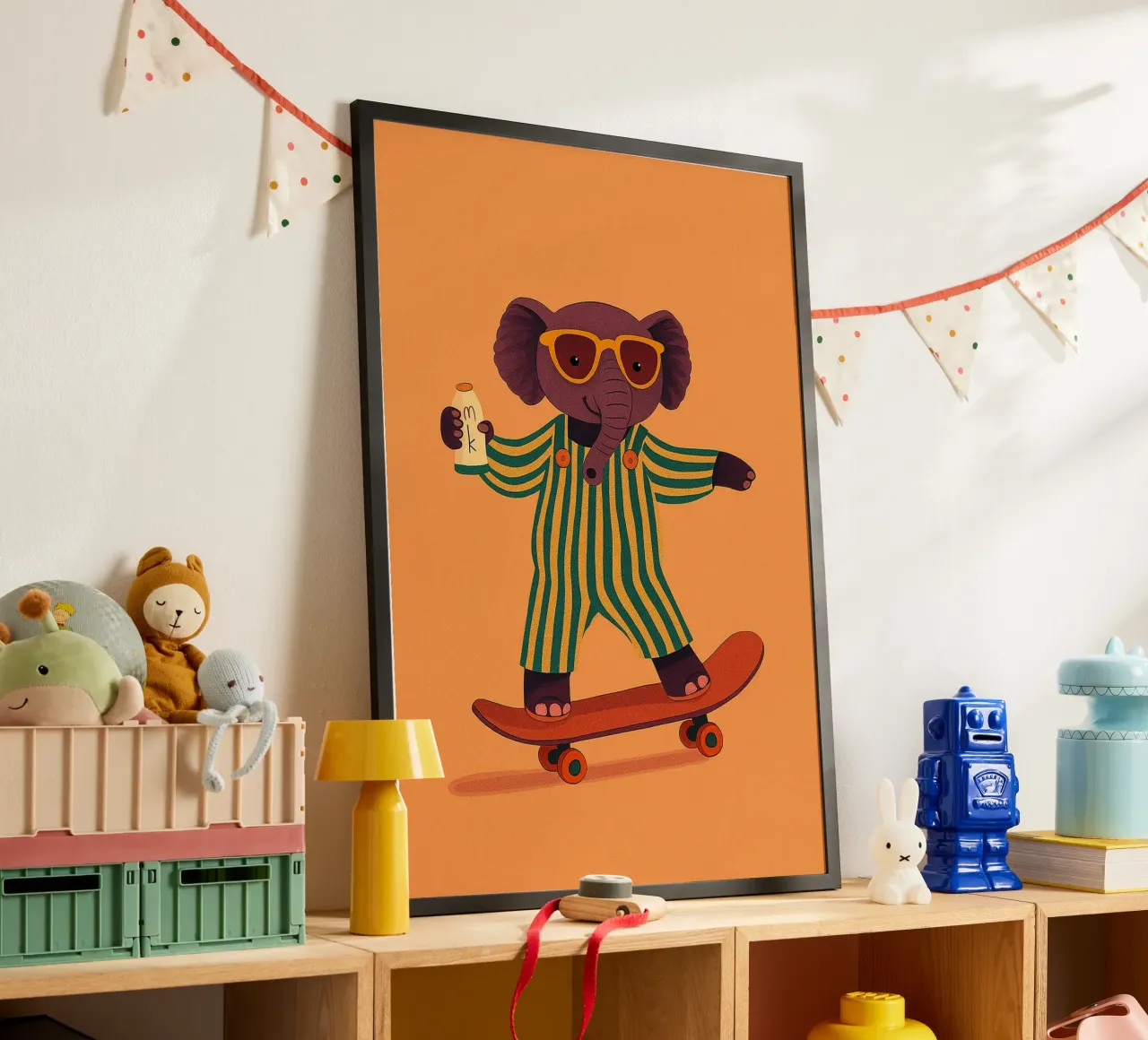 divertente elefante da skateboard poster con telaio in plastica da oneone