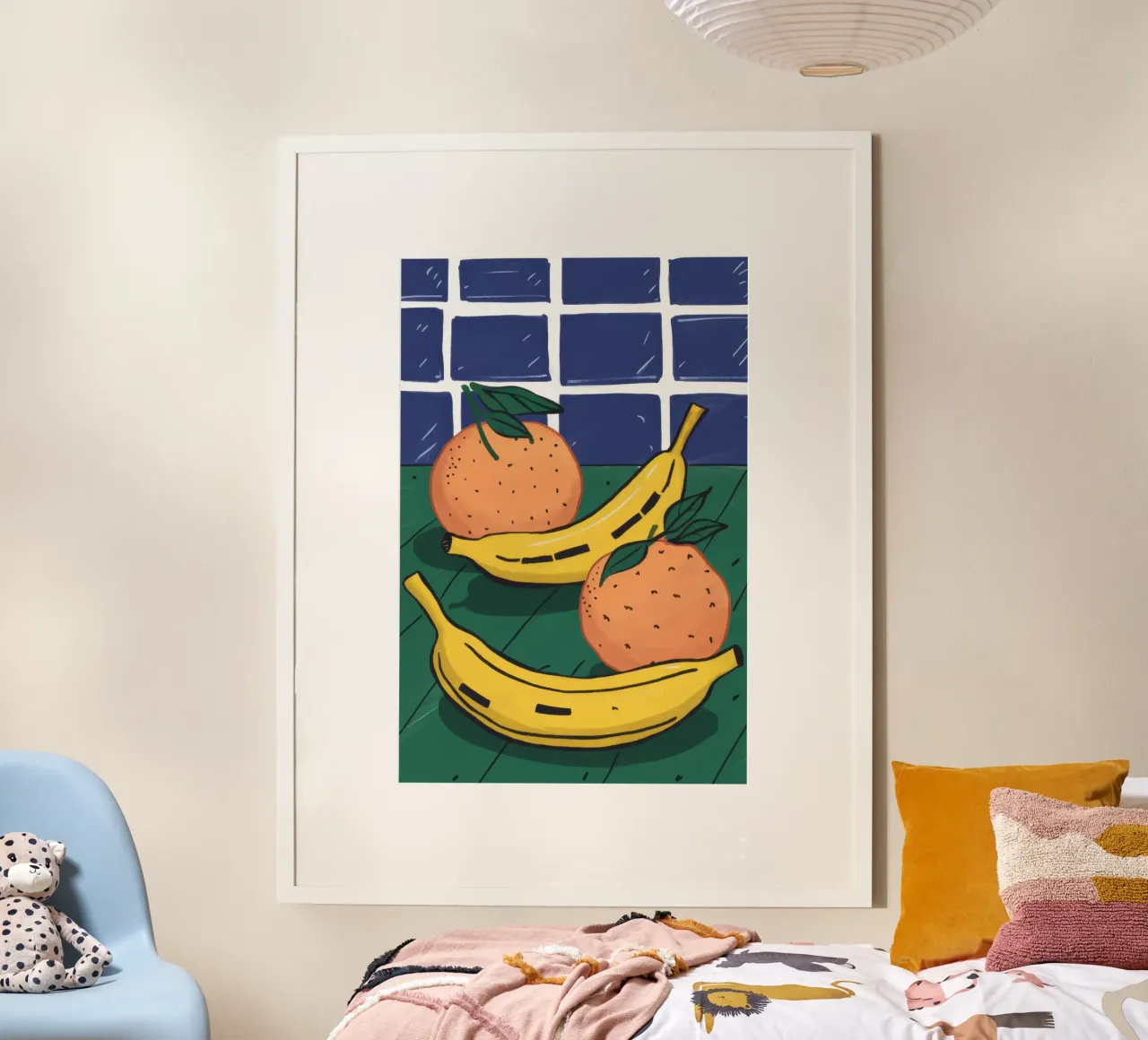 Natura morta di banane poster con telaio in alluminio da Sentinel Glow
