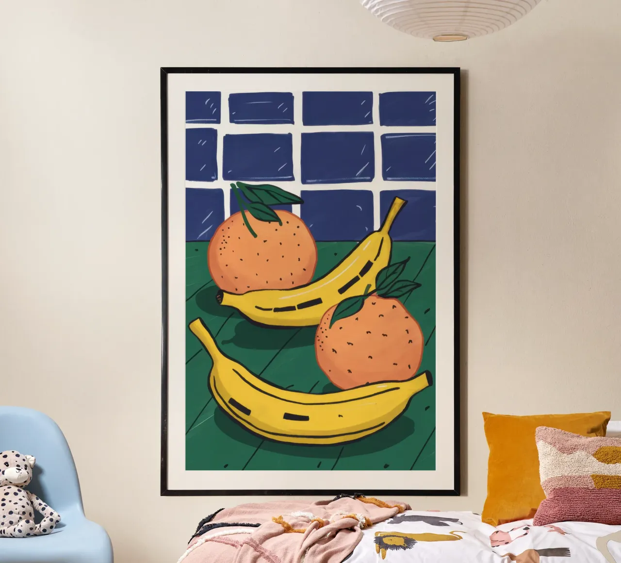Natura morta di banane poster con telaio in alluminio da Sentinel Glow