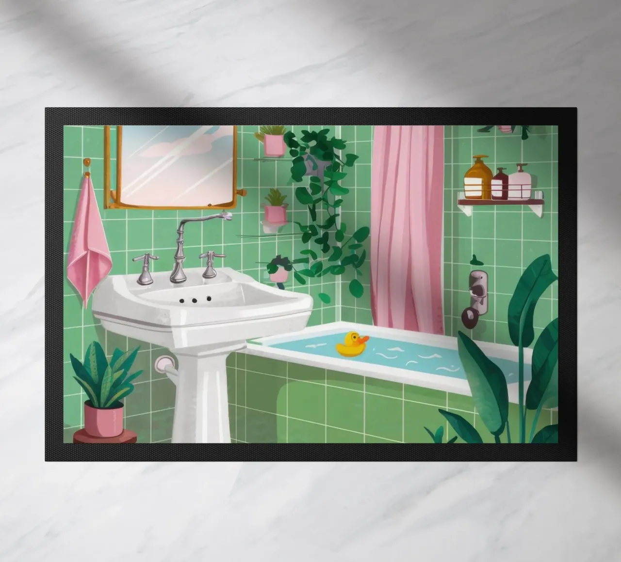 Bagno con piastrelle verdi zerbino da Pale Aura