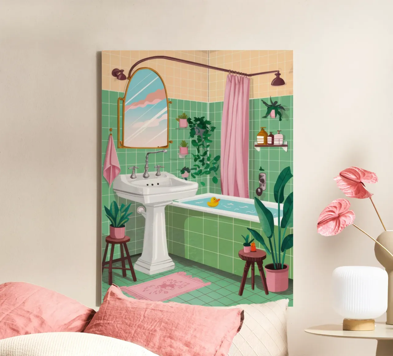 Bagno con piastrelle verdi tela con Cornice a cassetta da Pale Aura
