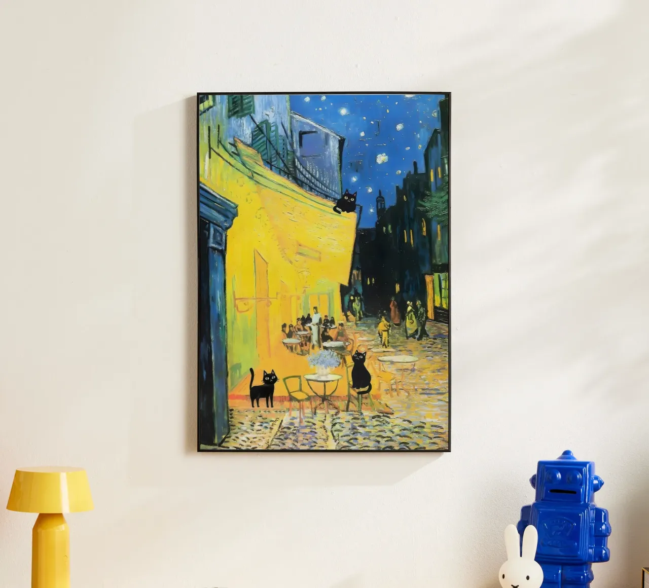 Gatti neri alla Terrazza del Caffè di Vincent Van Gogh di notte alluminio dibond da clay bobby