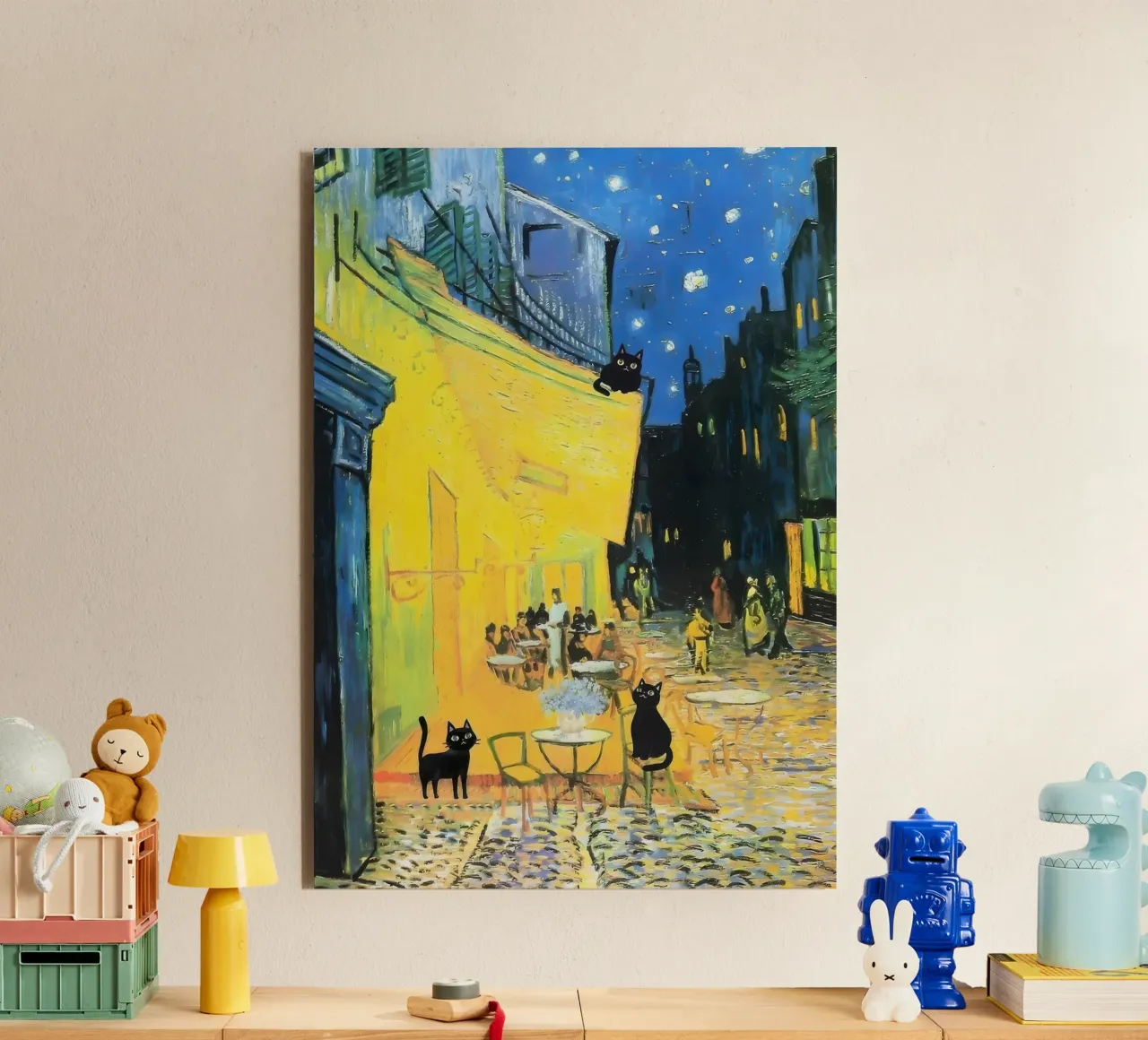 Gatti neri alla Terrazza del Caffè di Vincent Van Gogh di notte alluminio dibond da clay bobby