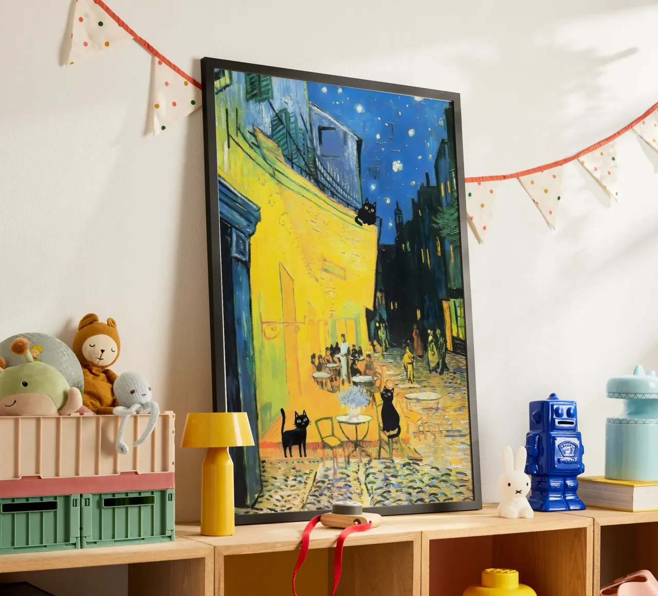 Zwarte katten in Vincent Van Goghs Caféterras bij nacht poster met aluminium frame van clay bobby