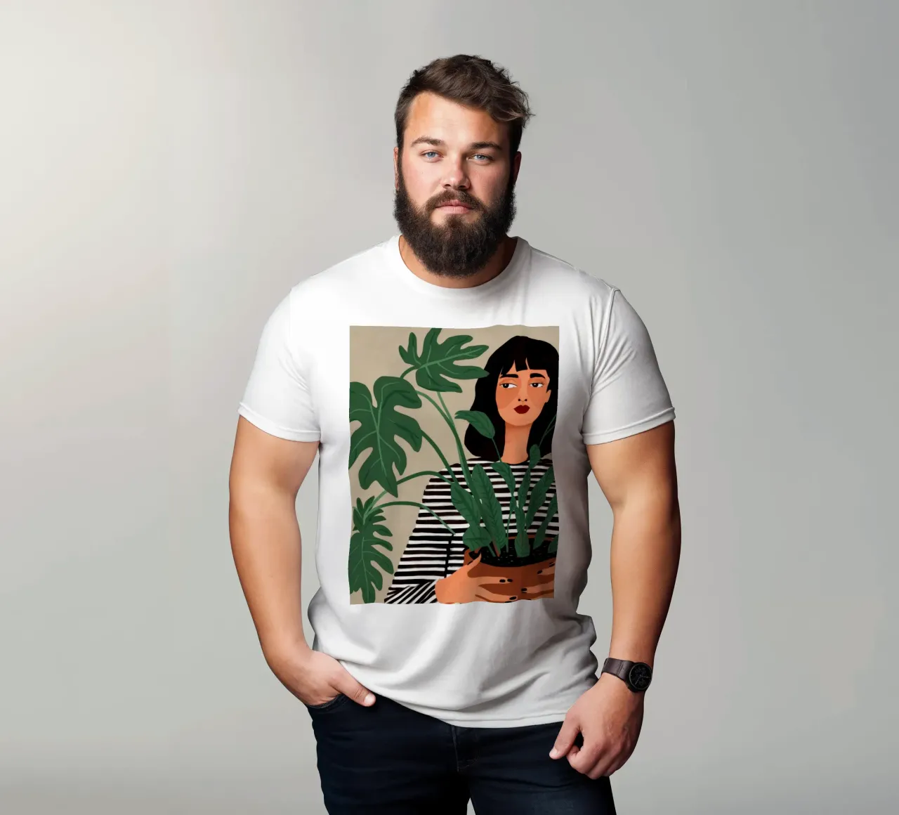 Donna che tiene in mano una pianta t-shirt da Marigold Tiga