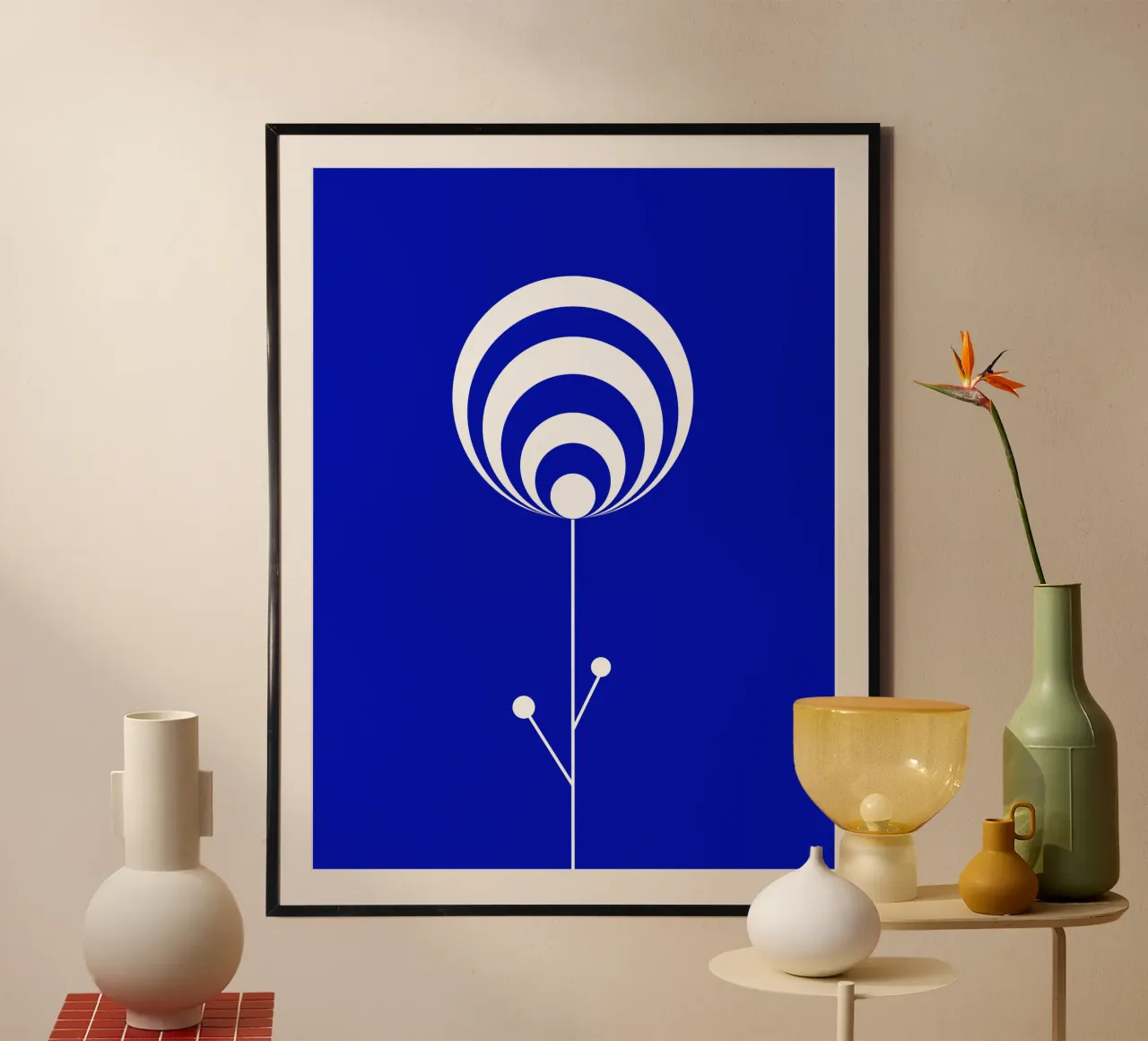 Still Blue, Pure White - Geometrische Blume auf Blau poster by Lilou Art