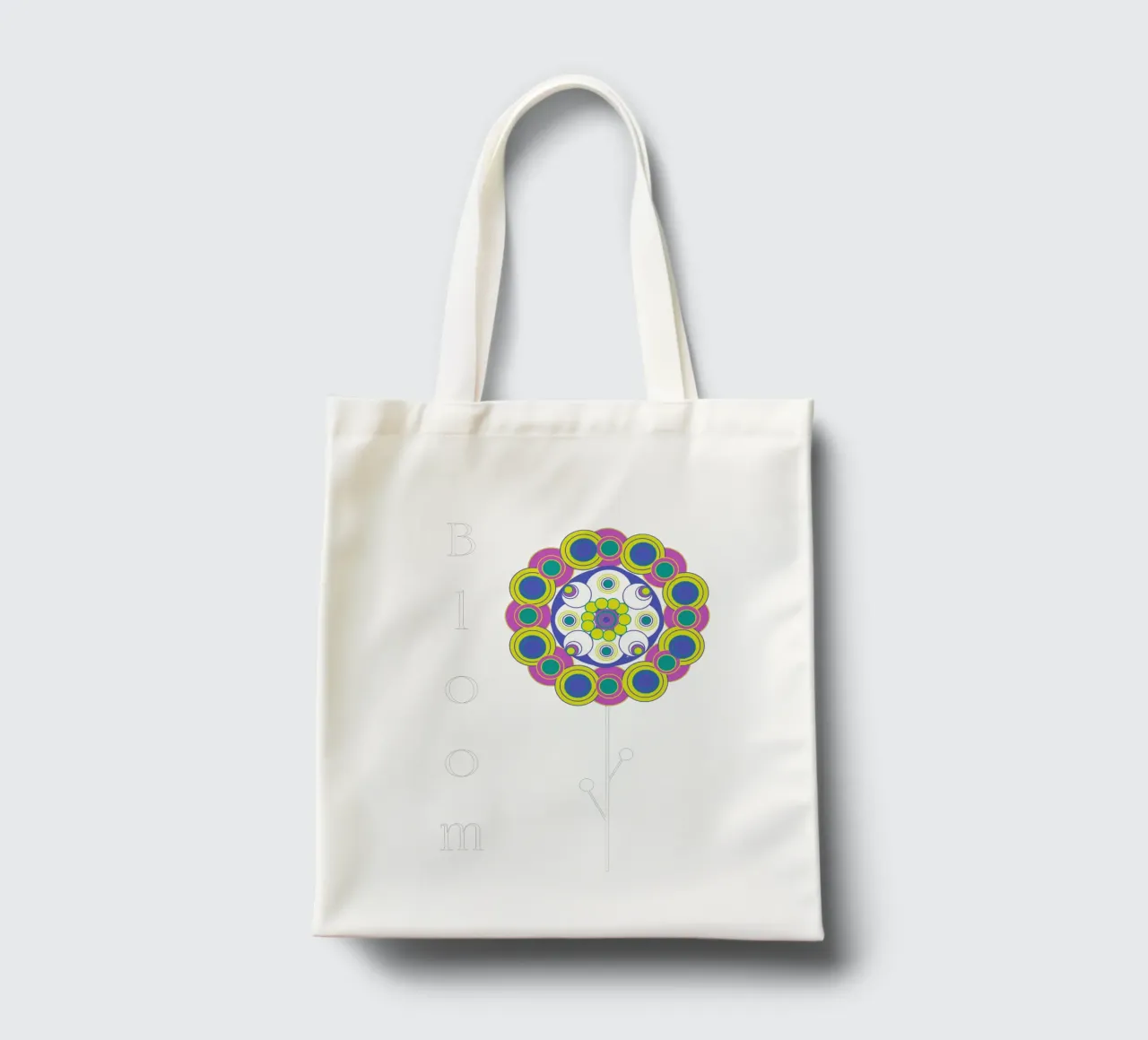 Bloom, Grafisches buntes Blumemmotiv auf Grün borsa in juta da Lilou Art