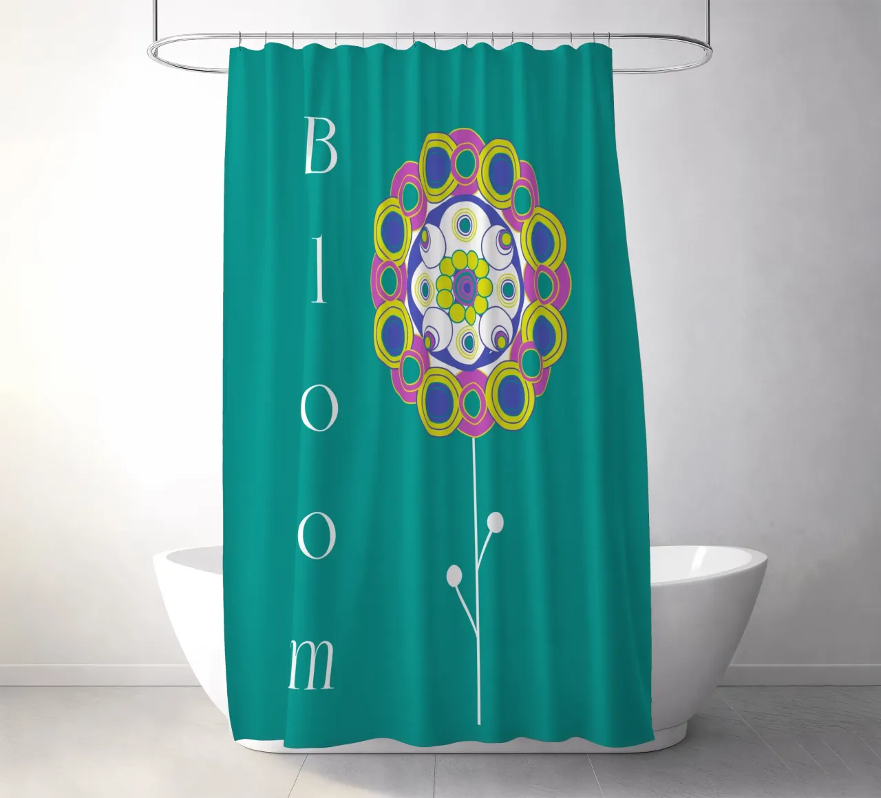 Bloom, Grafisches buntes Blumemmotiv auf Grün tenda da doccia da Lilou Art