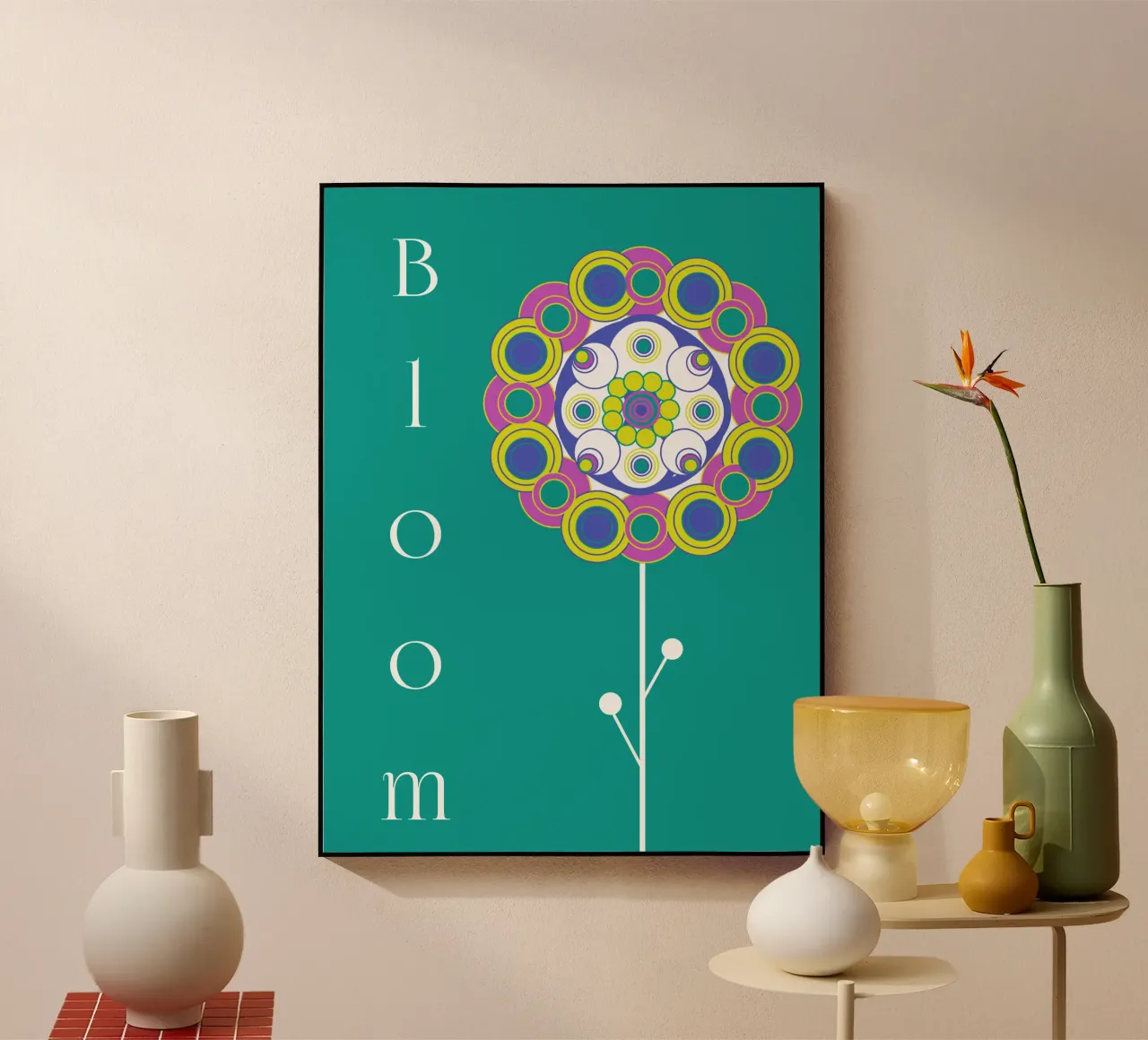 Bloom, Grafisches buntes Blumemmotiv auf Grün plexiglass da Lilou Art