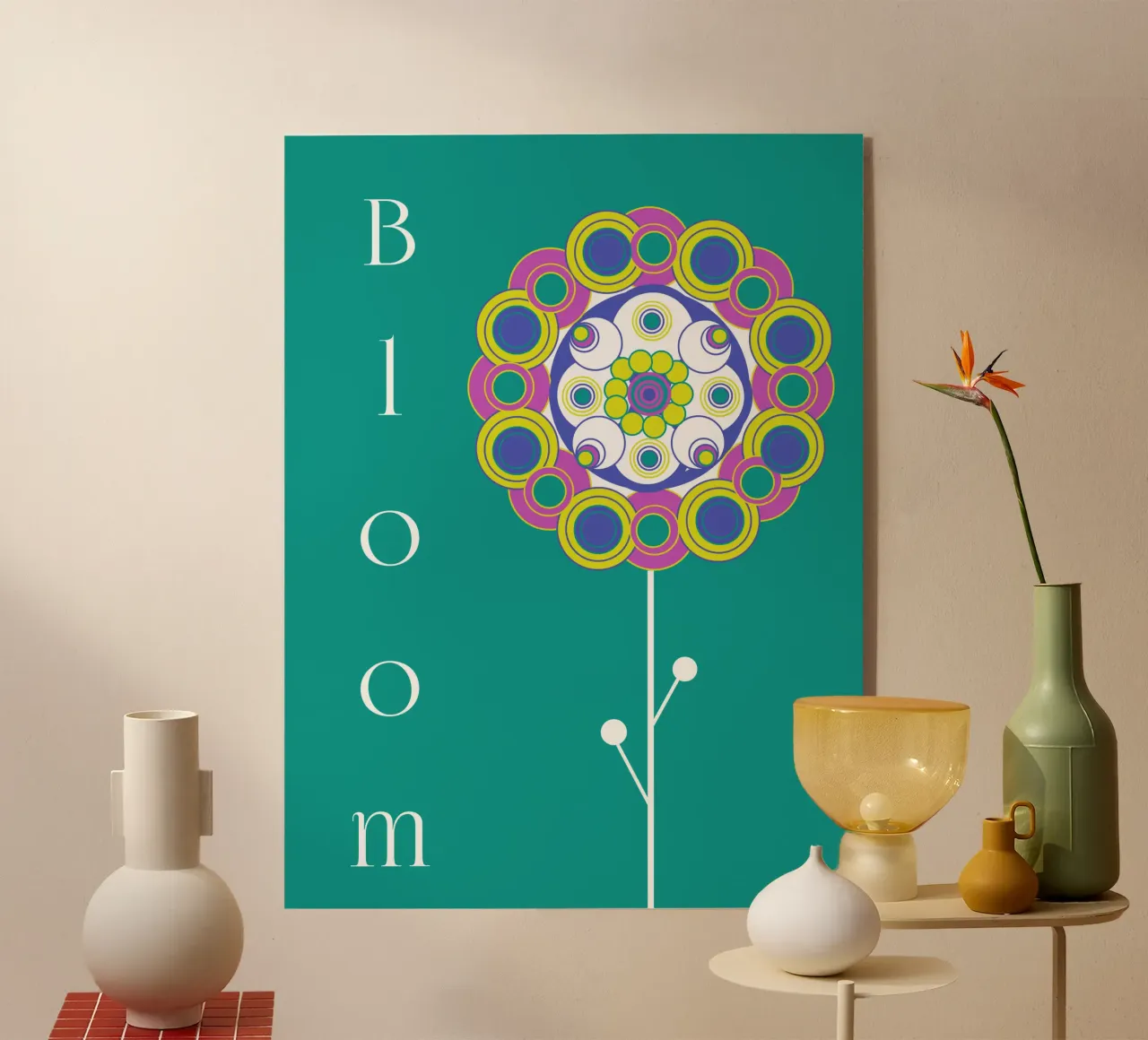 Bloom, Grafisches buntes Blumemmotiv auf Grün plexiglass da Lilou Art