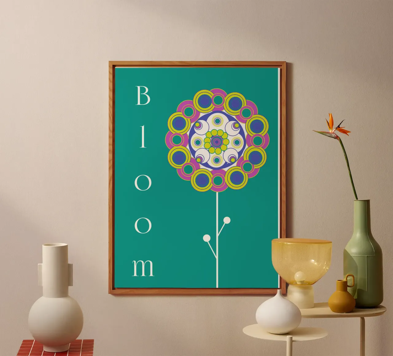 Bloom, Grafisches buntes Blumemmotiv auf Grün alluminio dibond da Lilou Art