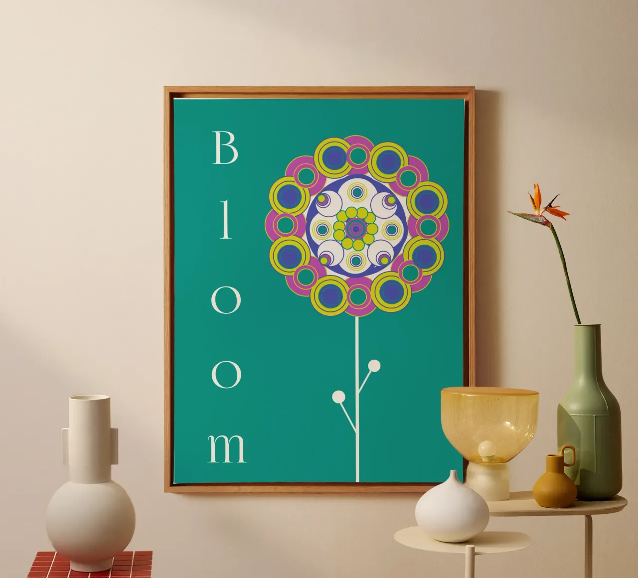 Bloom, Grafisches buntes Blumemmotiv auf Grün tela da Lilou Art