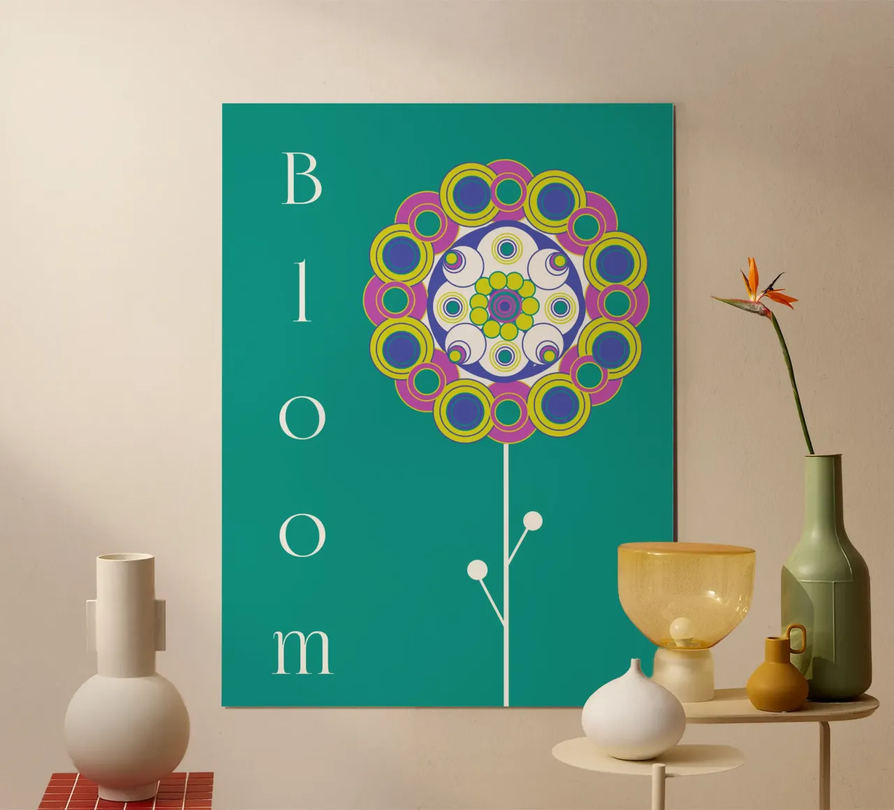 Bloom, Grafisches buntes Blumemmotiv auf Grün carta hahnemühle da Lilou Art