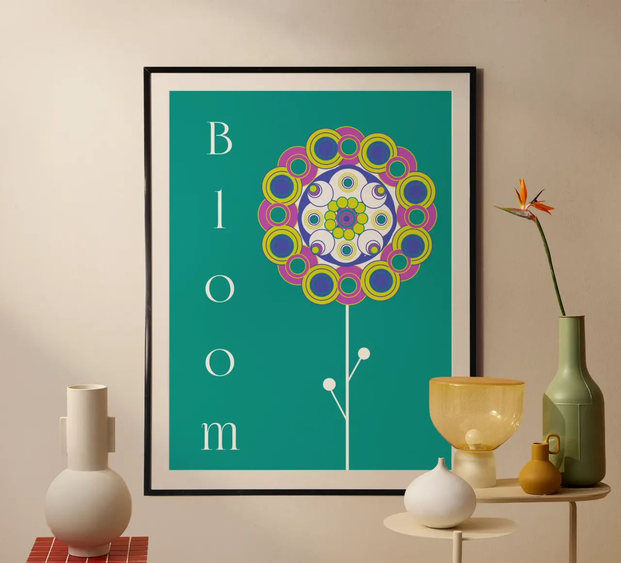 Bloom, Grafisches buntes Blumemmotiv auf Grün carta hahnemühle da Lilou Art