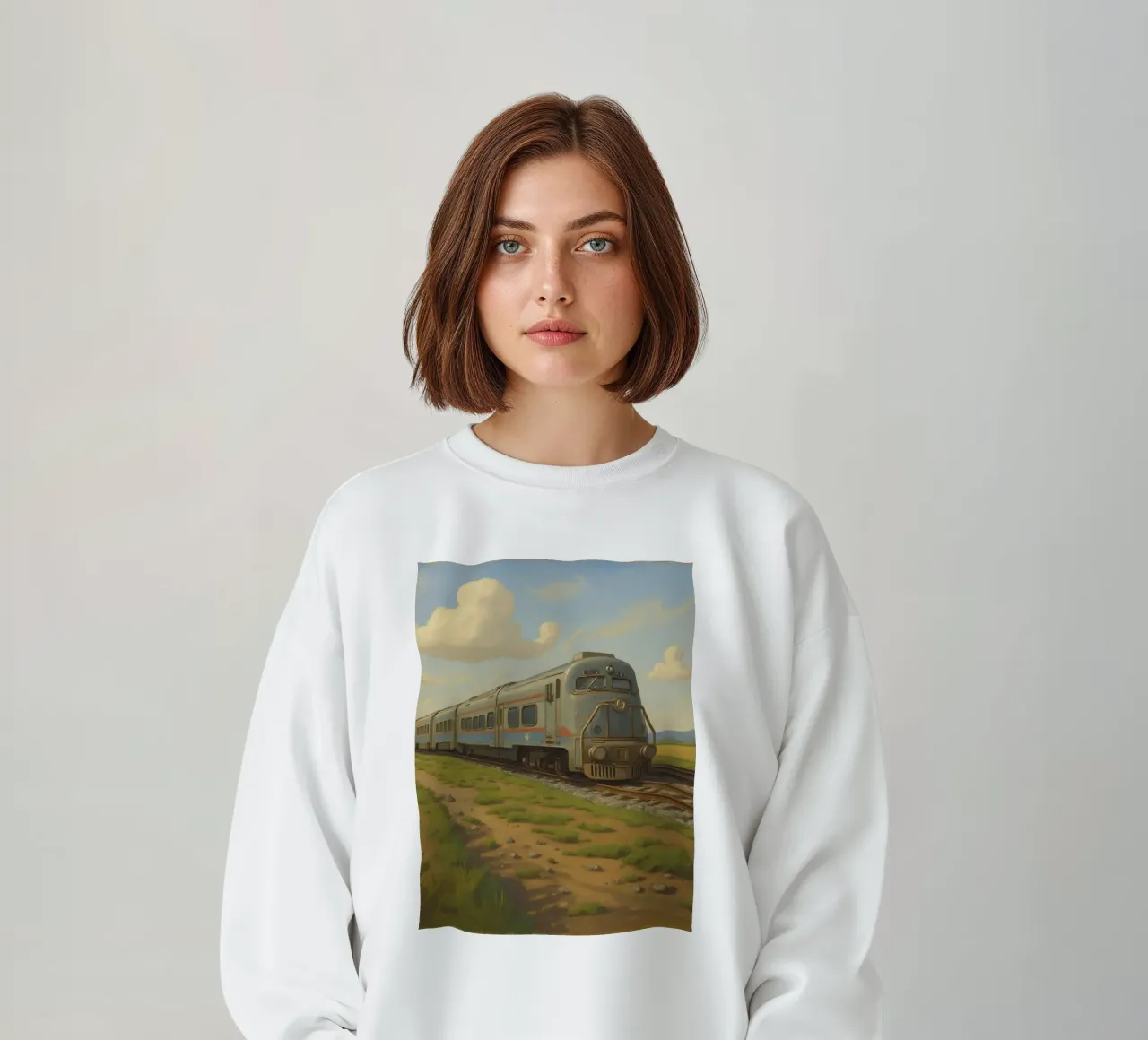 Un treno passeggeri retrò attraversa la campagna sotto felpa da DesignDoodle