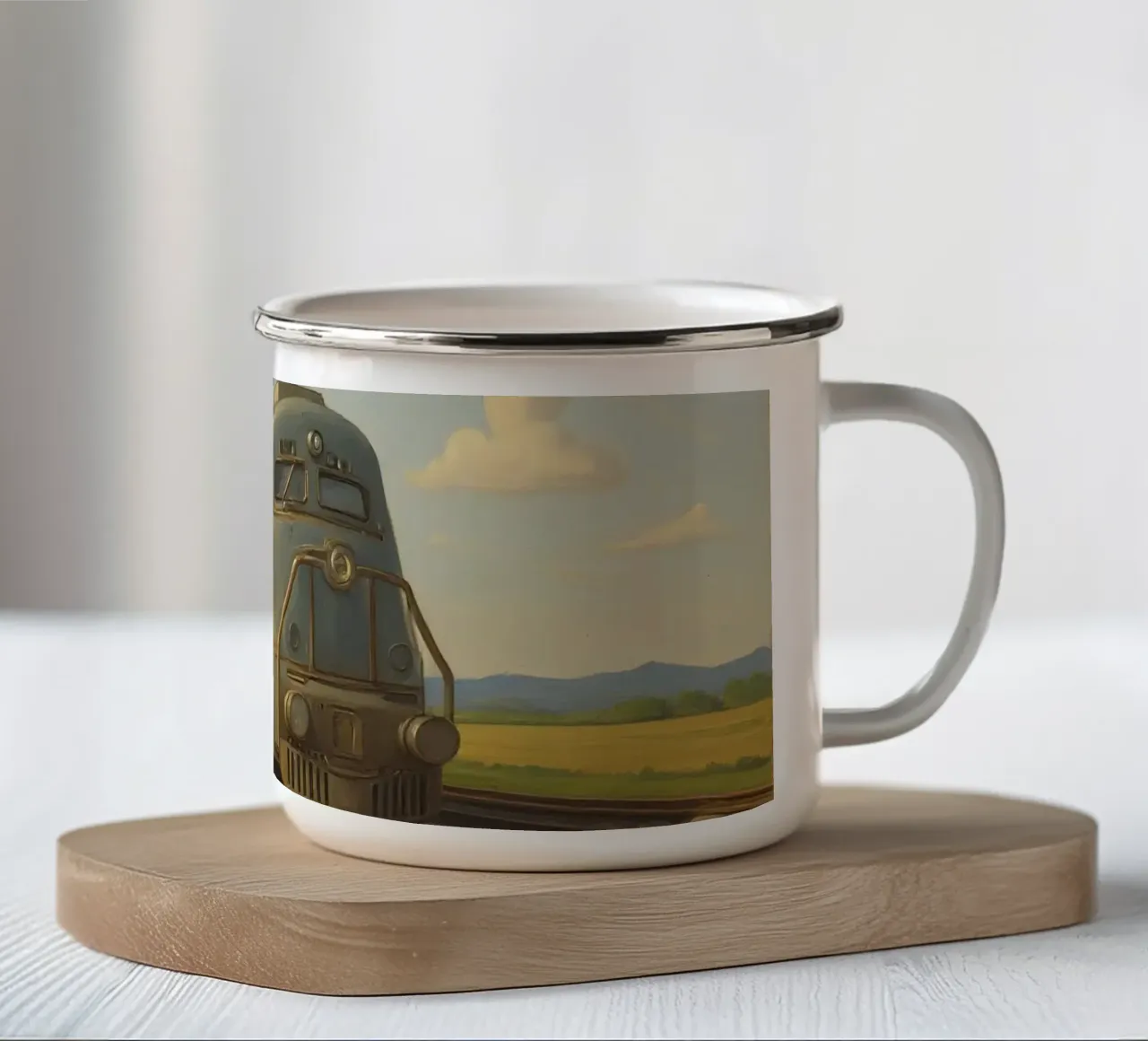 Un treno passeggeri retrò attraversa la campagna sotto tazza in smalto da DesignDoodle