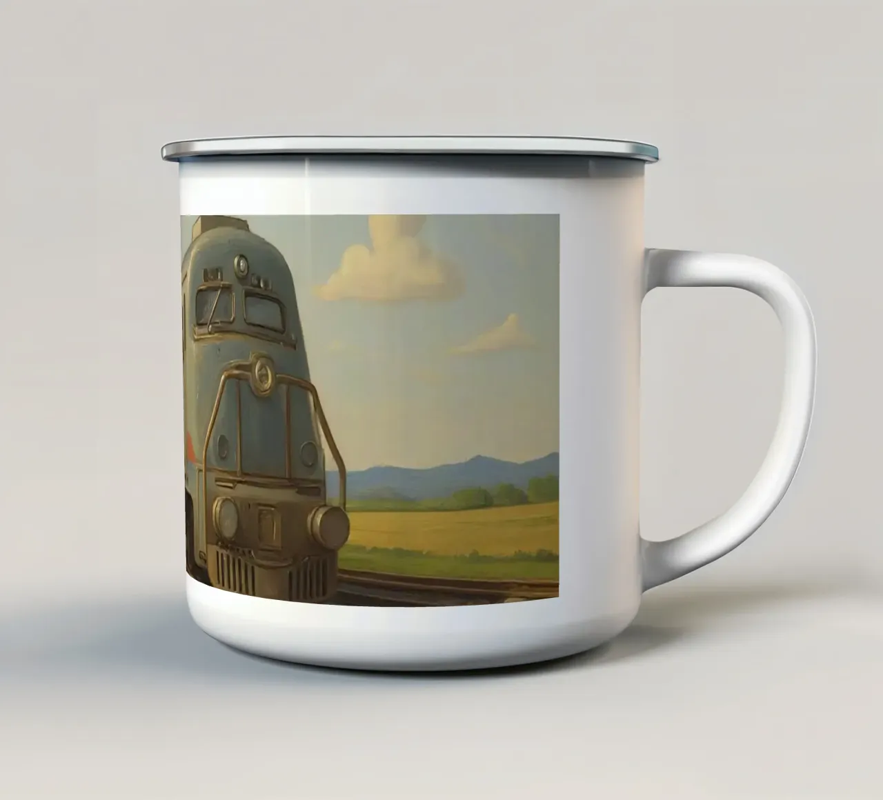 Un treno passeggeri retrò attraversa la campagna sotto tazza in smalto da DesignDoodle