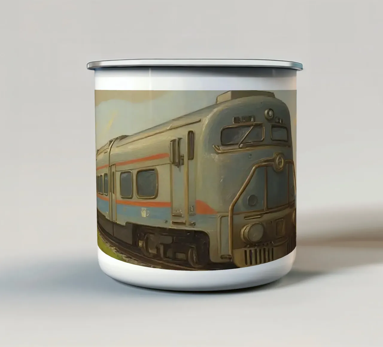 Un treno passeggeri retrò attraversa la campagna sotto tazza in smalto da DesignDoodle