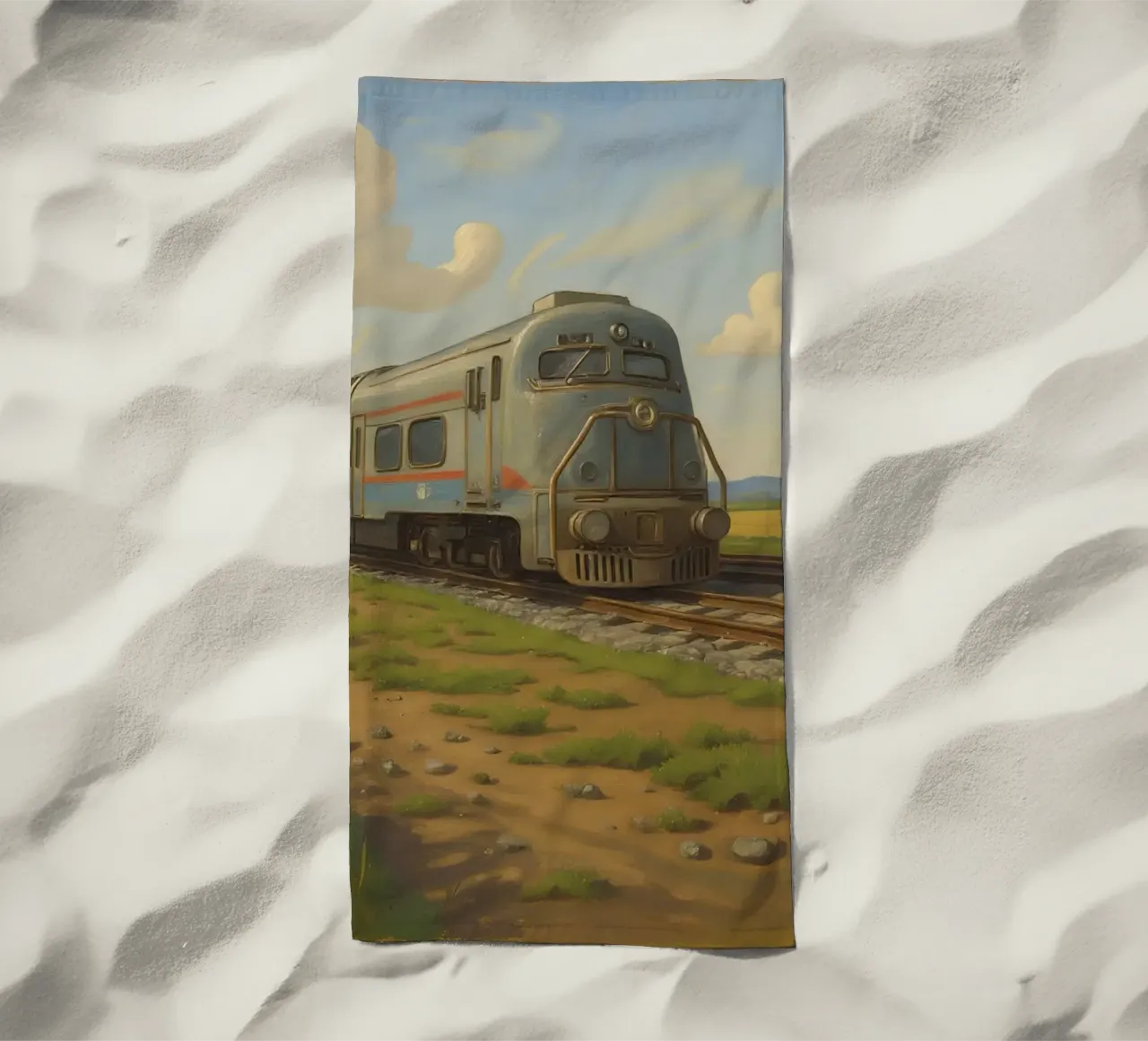 Un treno passeggeri retrò attraversa la campagna sotto telo mare da DesignDoodle