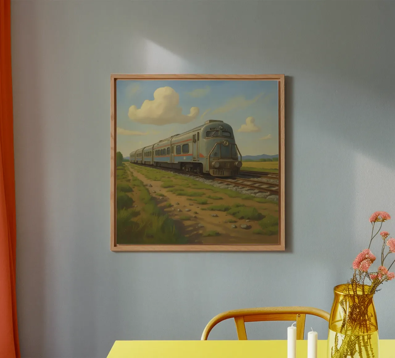 Un treno passeggeri retrò attraversa la campagna sotto alluminio dibond da DesignDoodle