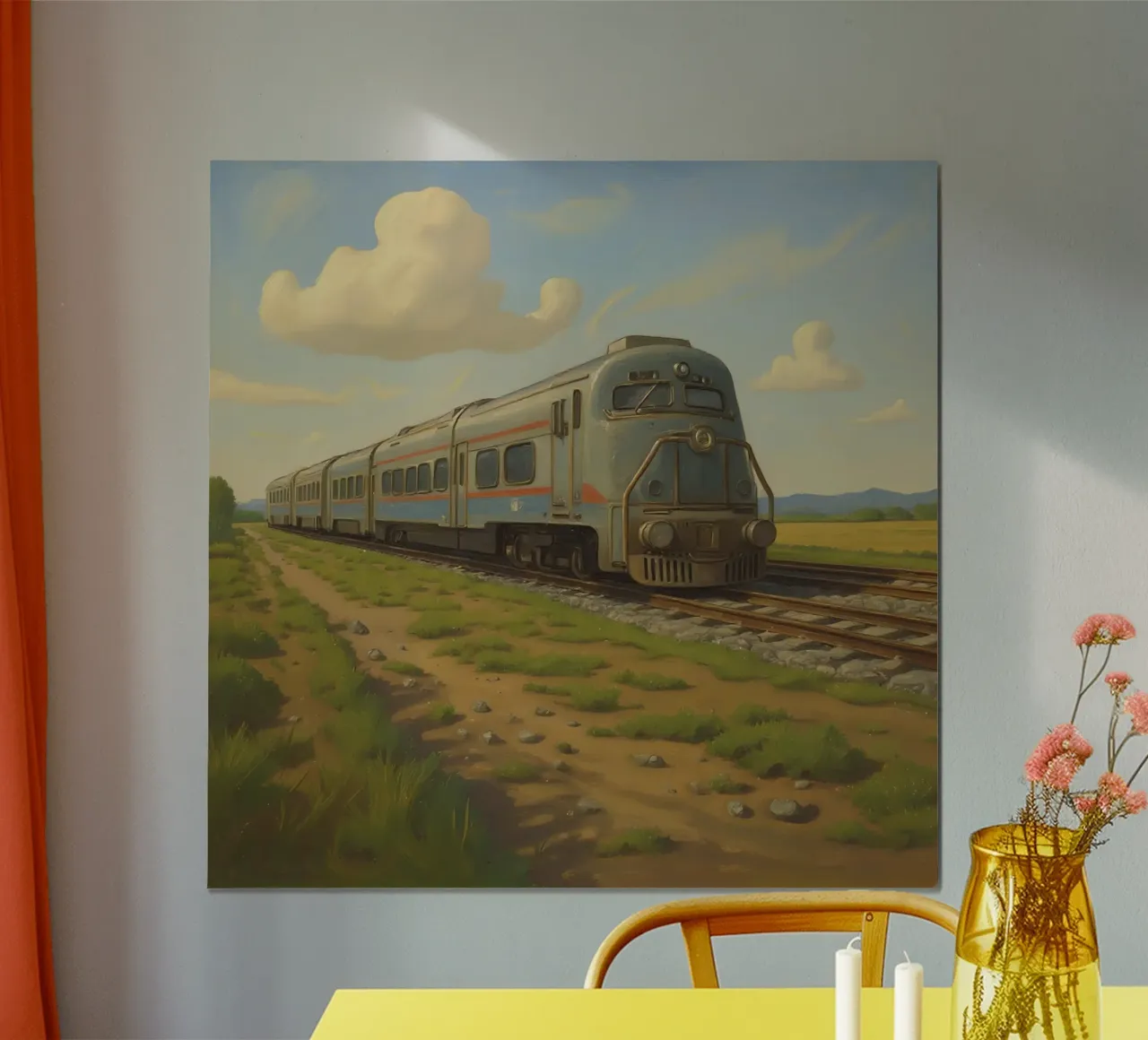 Un treno passeggeri retrò attraversa la campagna sotto carta hahnemühle da DesignDoodle